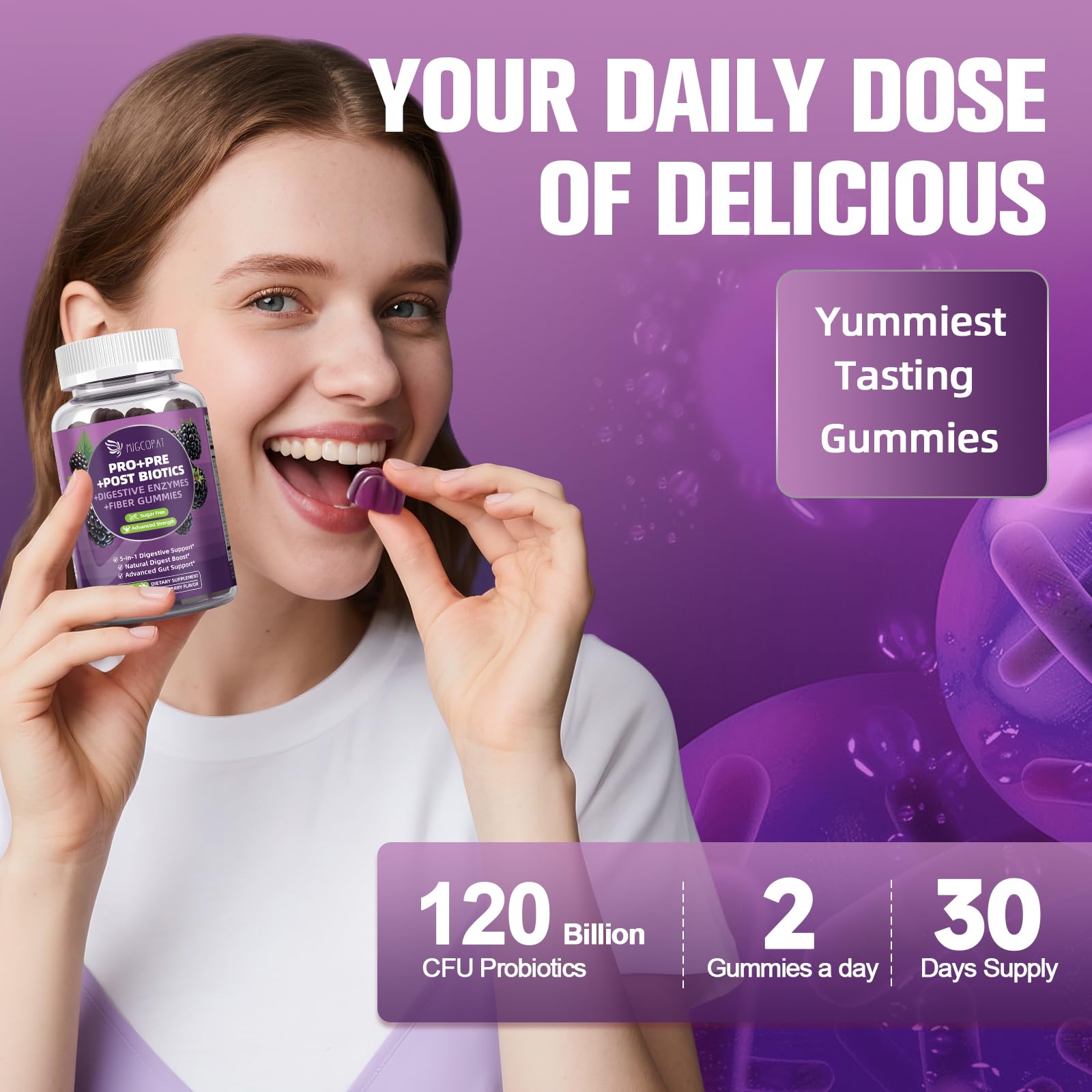 Migcopat Pre Post Probiotics Gummies, 5 in 1 Probiotic Prebiotic Postbiotic Digestive Enzymes with Fiber, 120 Billion CFU Probiotics Complete Gut Support, Sugar Free, Vegan, BlackBerry Flavor, 60 Cts Migcopat uk supplements