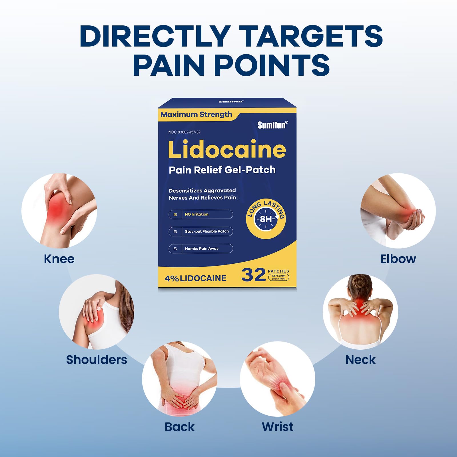 Sumifun 4% Lidocaine Patches Maximum Strength- Pain Relieving Gel Patch for Back, Shoulder, Muscle, Knee Pain Relief,Neck & Joint Pains-Numbs Away Pain, Apply for Up to 8 Hours (Large, Count, 32) Sumifun uk supplements
