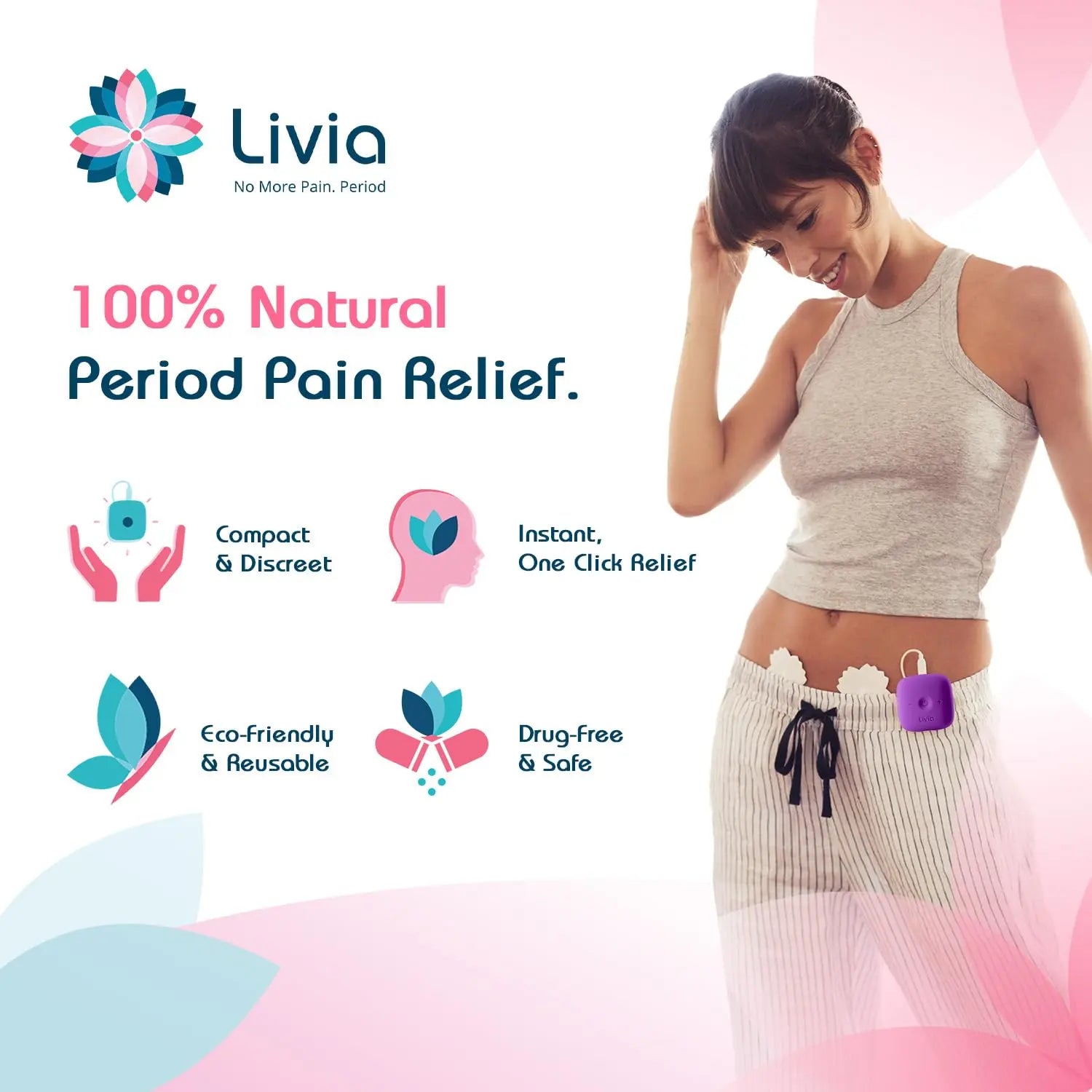 Livia Menstrual Pain Relief Device, Purple – Off-Switch for Period Pain – Portable & Discreet – Rechargeable, Up to 8 Hours Battery – Complete Kit with Stick-On Pads – The Go-to Travel Partner Livia uk supplements