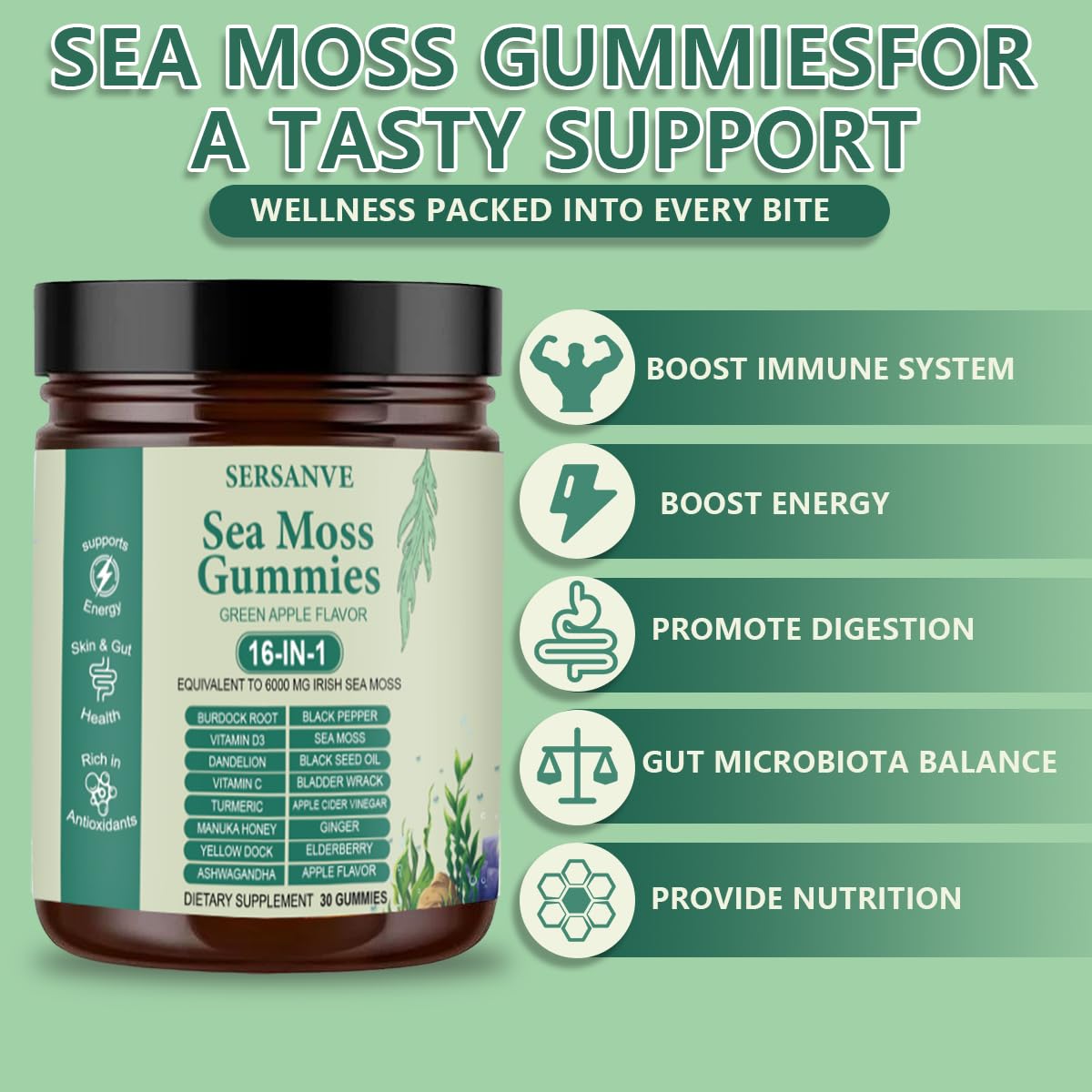 Sea Moss Gummies 16-in-1, with Black Seed Oil, Ashwagandha & Elderberry | Organic Irish Sea Moss Supplement for Men & Women | Daily Support with Manuka, Burdock Root & Vitamins C & D3, 30 Gummies SERSANVE uk supplements