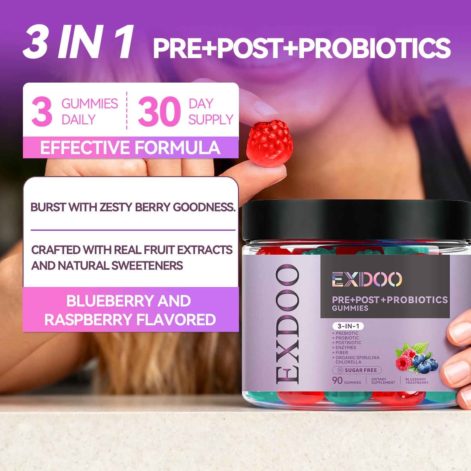 exdoo 3-in-1 Probiotic Gummies Prebiotic+Probiotic+Postbiotic with Organic Spirulina Chlorella Immune Gut & Digestive Support 90 Count exdoo uk supplements