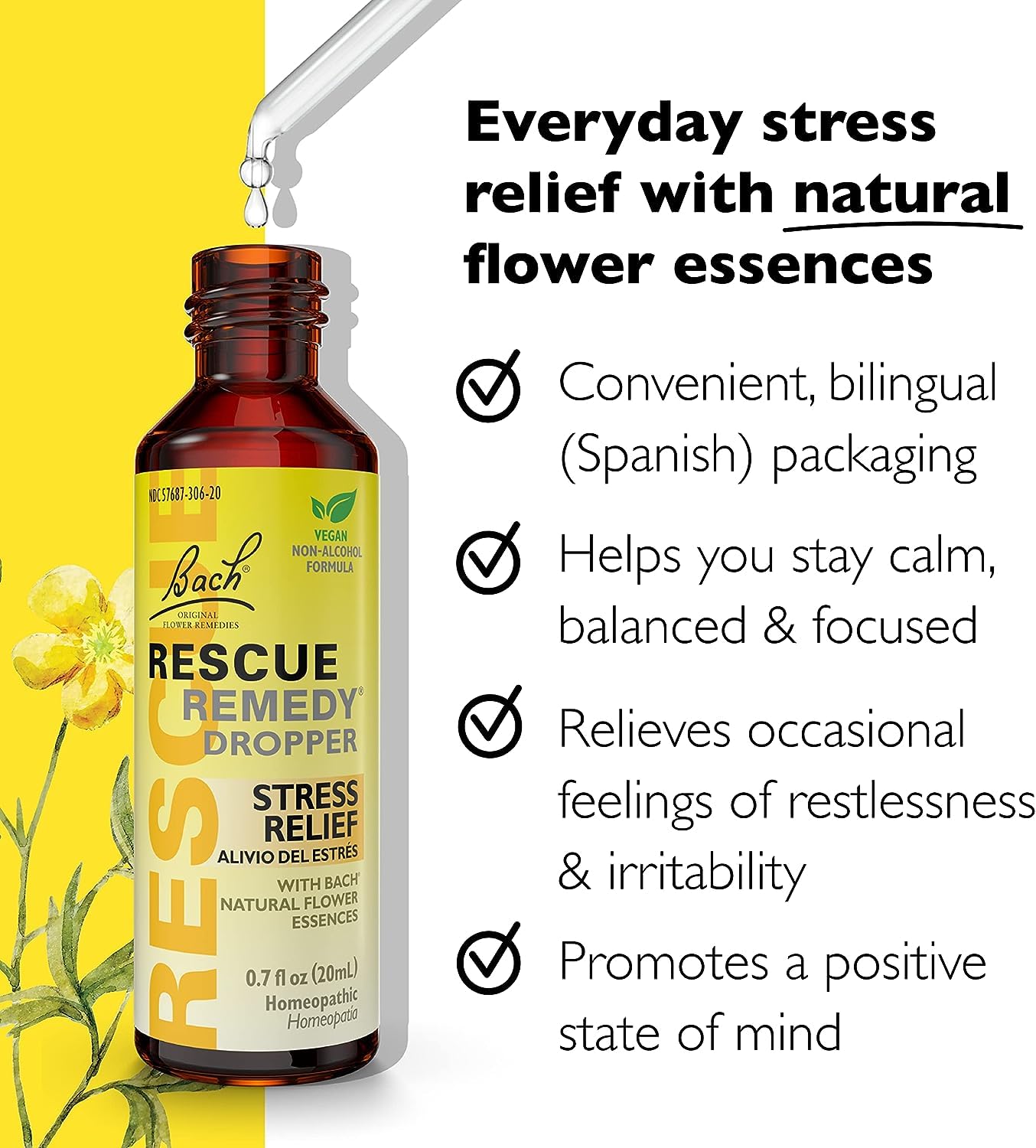 Bach RESCUE Remedy Dropper 20mL Bundle, Non-Alcohol Formula, Natural Stress Relief, Homeopathic RESCUE uk supplements