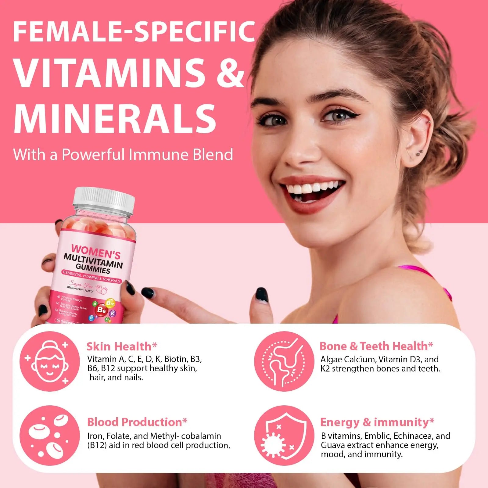 Women's Multivitamin Gummy, Vitamins A, C, D, E, K, B6, and B12 Womens Daily Multivitamin Gummy for Hair,Skin & Nails, Immune Energy Frovetani uk supplements