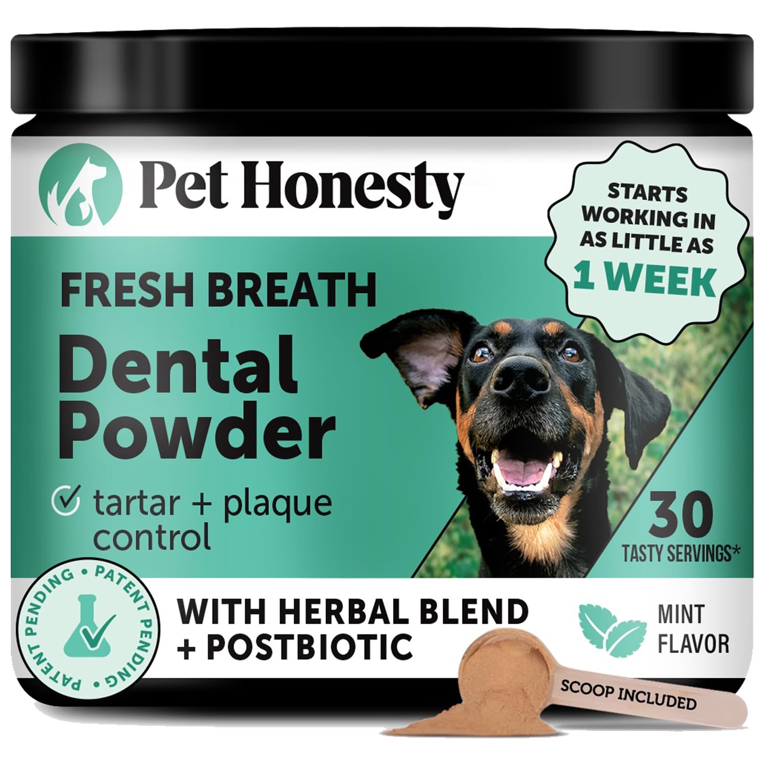 Dog Breath Freshener Dental Powder for Teeth Cleaning Plaque Off, Dental Care for Dogs, Tartar Remover for Teeth with Natural Herbal Blend + Postbiotics (Mint - 30 Servings) Pet Honesty uk supplements