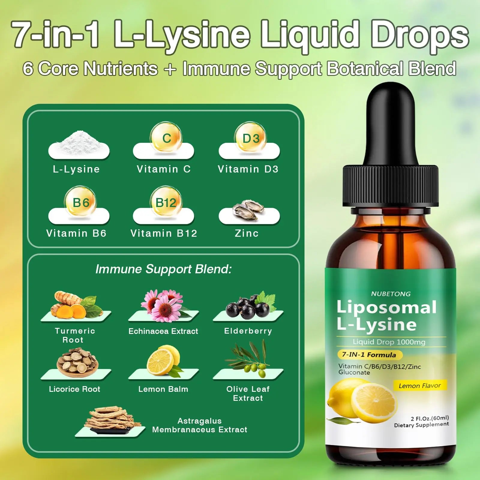Liposomal L-Lysine 1000mg Liquid Drops, 7-in-1 Lysine Supplement for Adults with Vitamin C/B6/D3/B12 & Zinc Gluconate, Immune Support, Collagen Synthesis & Skin Lip Health, Lemon Flavor, 2 Fl Oz Nubetong uk supplements