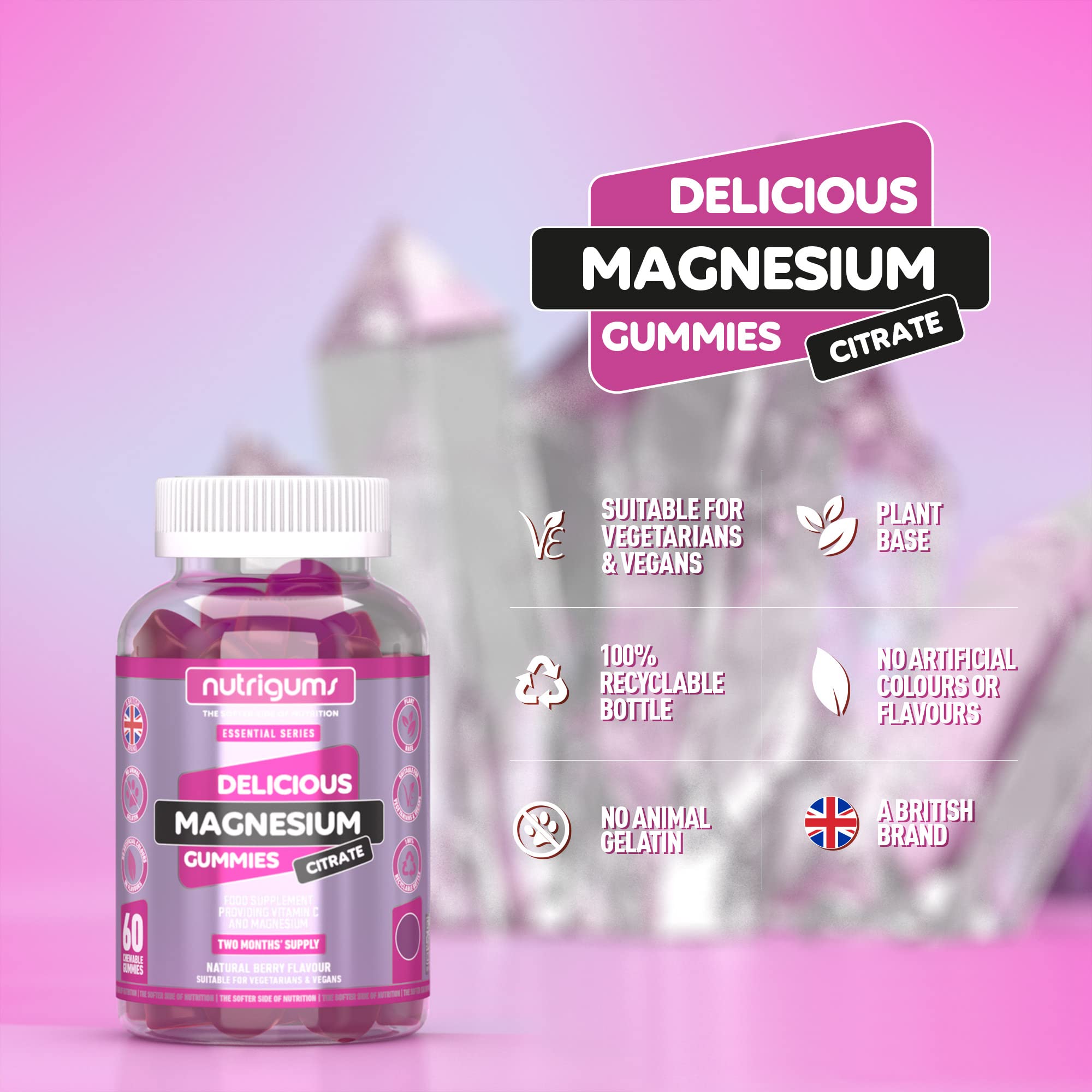 Magnesium Citrate 1250mg & Vitamin C Gummy | Mixed Berry Flavour | 60 Vegan Gummies Nutrigums uk supplements