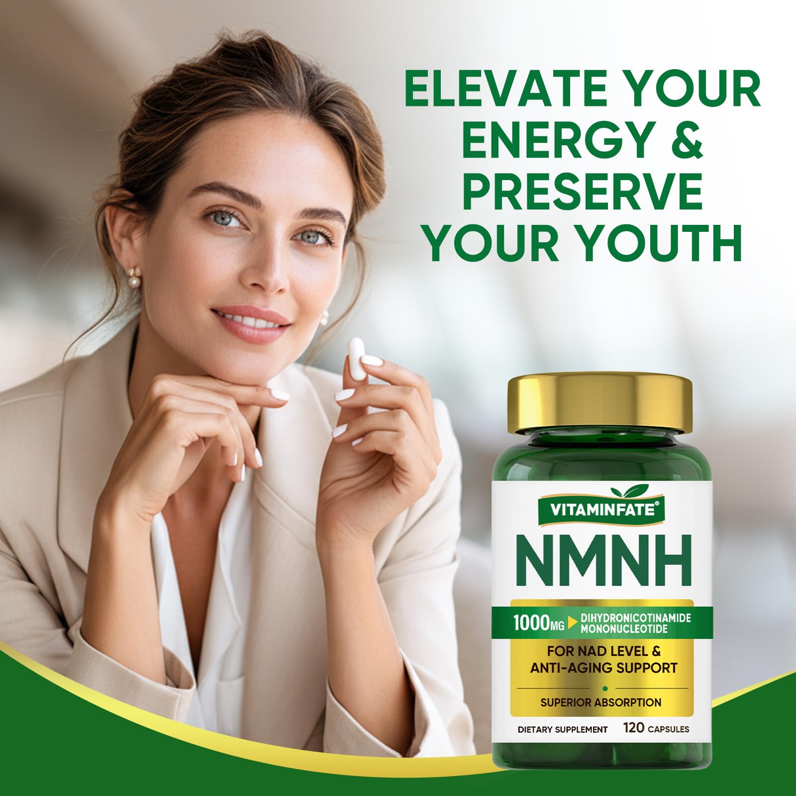 VITAMINFATE NMNH Supplement 1000 mg - 120 Capsules | NMN Alternative | Supports Anti-Aging, Cellular Energy and Repair, Metabolism & Brain Boost VITAMINFATE uk supplements