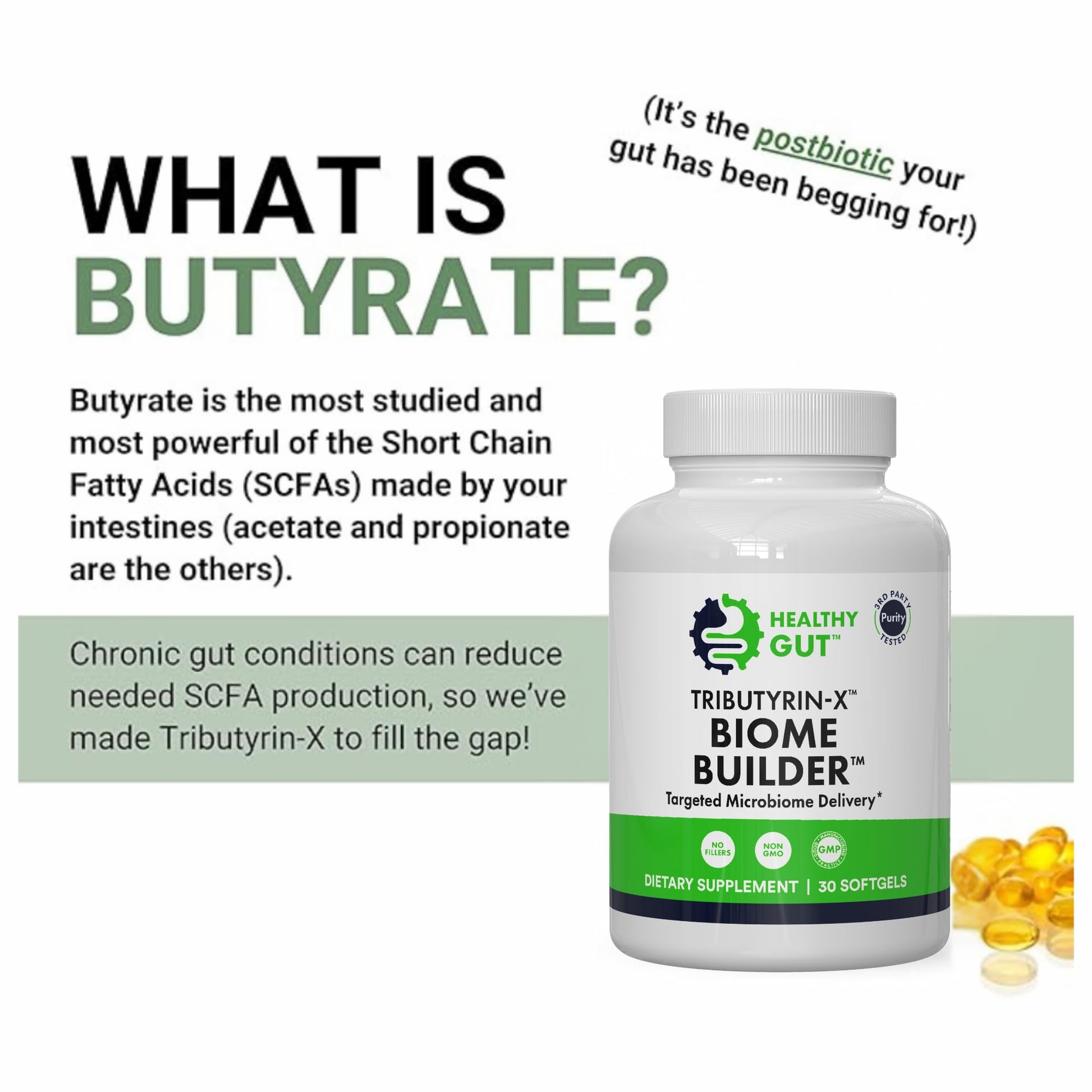 Healthy Gut Tributyrin-X | Most Bioavailable Butyrate Postbiotic for Gut Health & Leaky Gut Support | 99% Pure w/Zero Odor | 30 Softgels Healthy Gut uk supplements