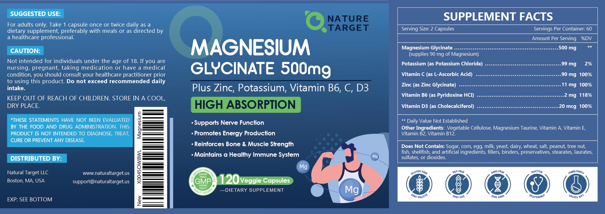 NATURE TARGET Magnesium Glycinate 500mg, Chelated Magnesium with Zinc & Vitamin D3 for Muscle, Nerve & Bone, Support Heart Health & Leg Cramp, Strength Immune System - 120 Capsules NATURE TARGET uk supplements