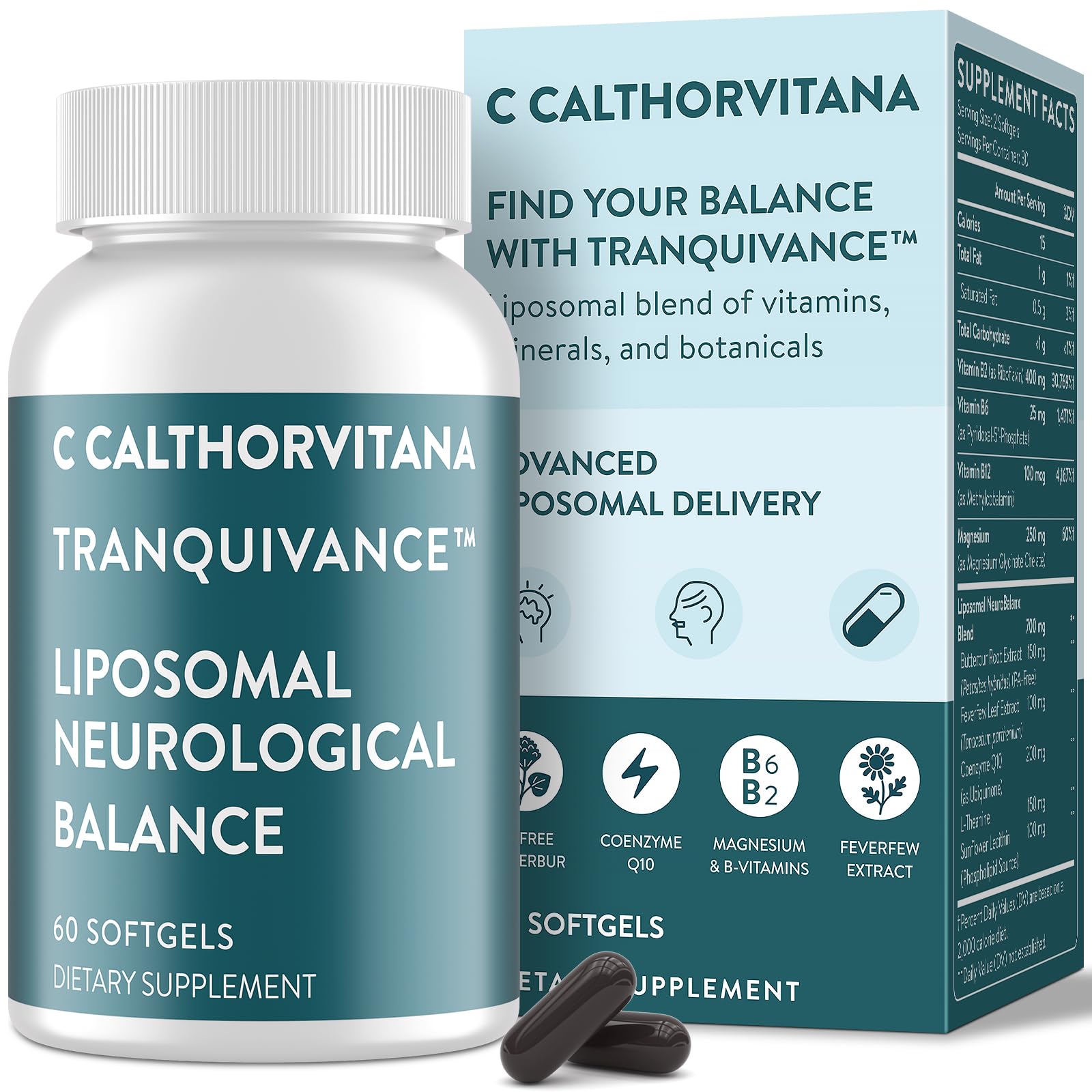 C Calthorvitana Migraine Relief Supplement – Liposomal Riboflavin, Vitamin B2 B6 & B12, Magnesium, CoQ10, L-Theanine, PA-Free Butterbur & Feverfew – Natural Head & Nerve – 60 Softgels C Calthorvitana uk supplements