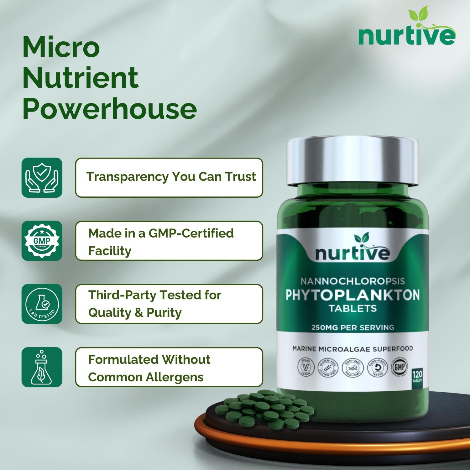 NURTIVE Nannochloropsis Phytoplankton Tablets – 250mg per Serving – Vegan, Gluten-Free, Non-GMO, No Fillers – Third-Party Tested, GMP Certified – 2 Tablets/Day for 2 Month, 120 Tablets/Bottle NURTIVE uk supplements