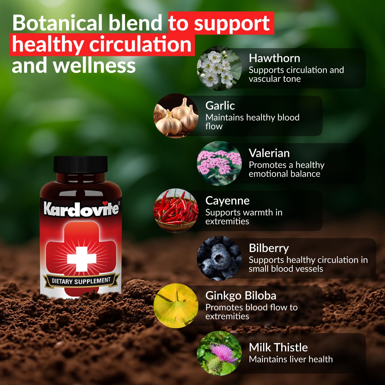 Kardovite Herbal Circulation Support Capsules 180s | Supports Circulatory Wellness with Hawthorn, Garlic, Ginkgo, Cayenne, Milk Thistle, Bilberry & Valerian | Supports Vitality & Daily Wellness Kardovite uk supplements