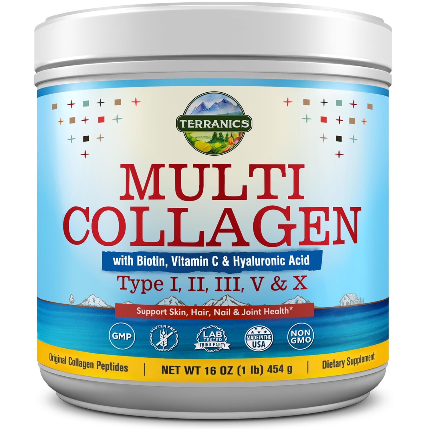 Terranics Multi Collagen Powder Type I II II V X with Biotin VC Hyaluronic Acid, Paleo Terranics uk supplements