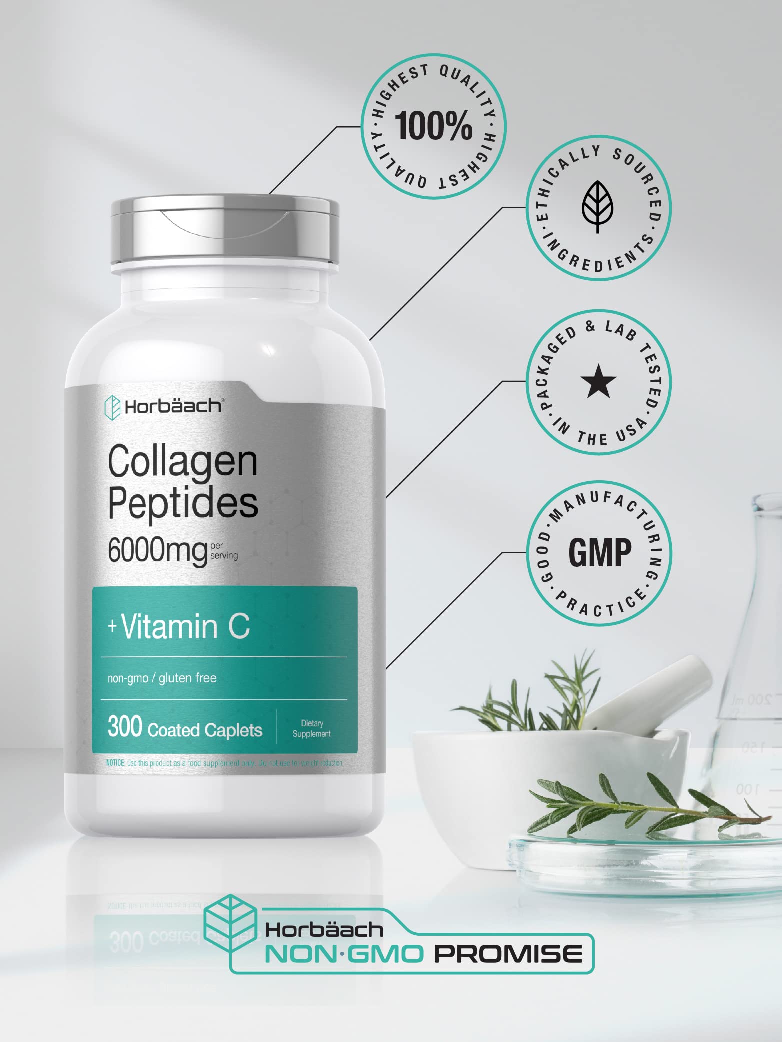 Horbäach Collagen Peptides 6000mg | 300 Caplet Pills | with Vitamin C | Hydrolyzed Collagen Supplement | Non-GMO, Gluten Free Horbäach uk supplements