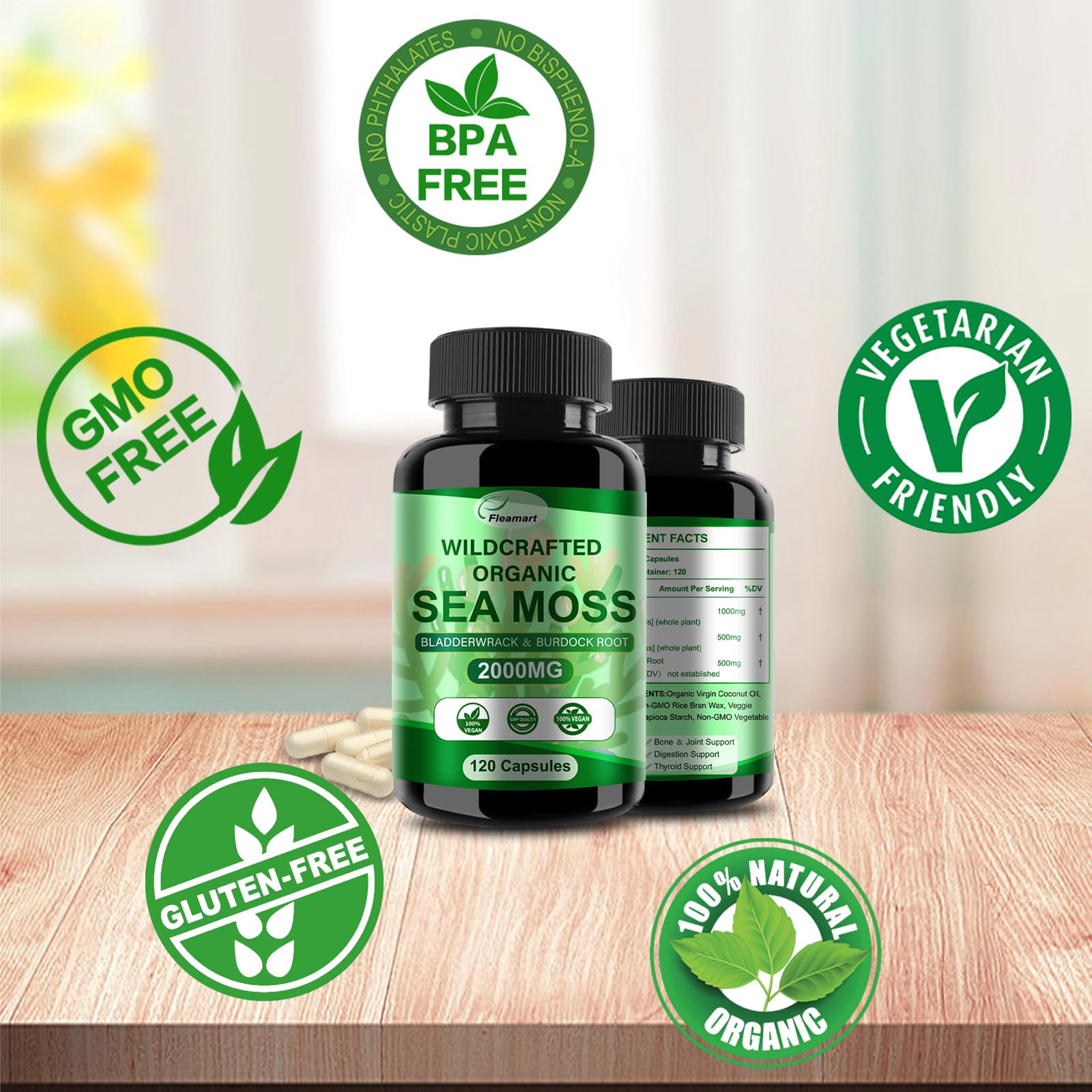Fleamart Irish Sea Moss Capsules 120ct Raw Organic Sea Moss Wildcrafted Bladderwrack Fleamart uk supplements