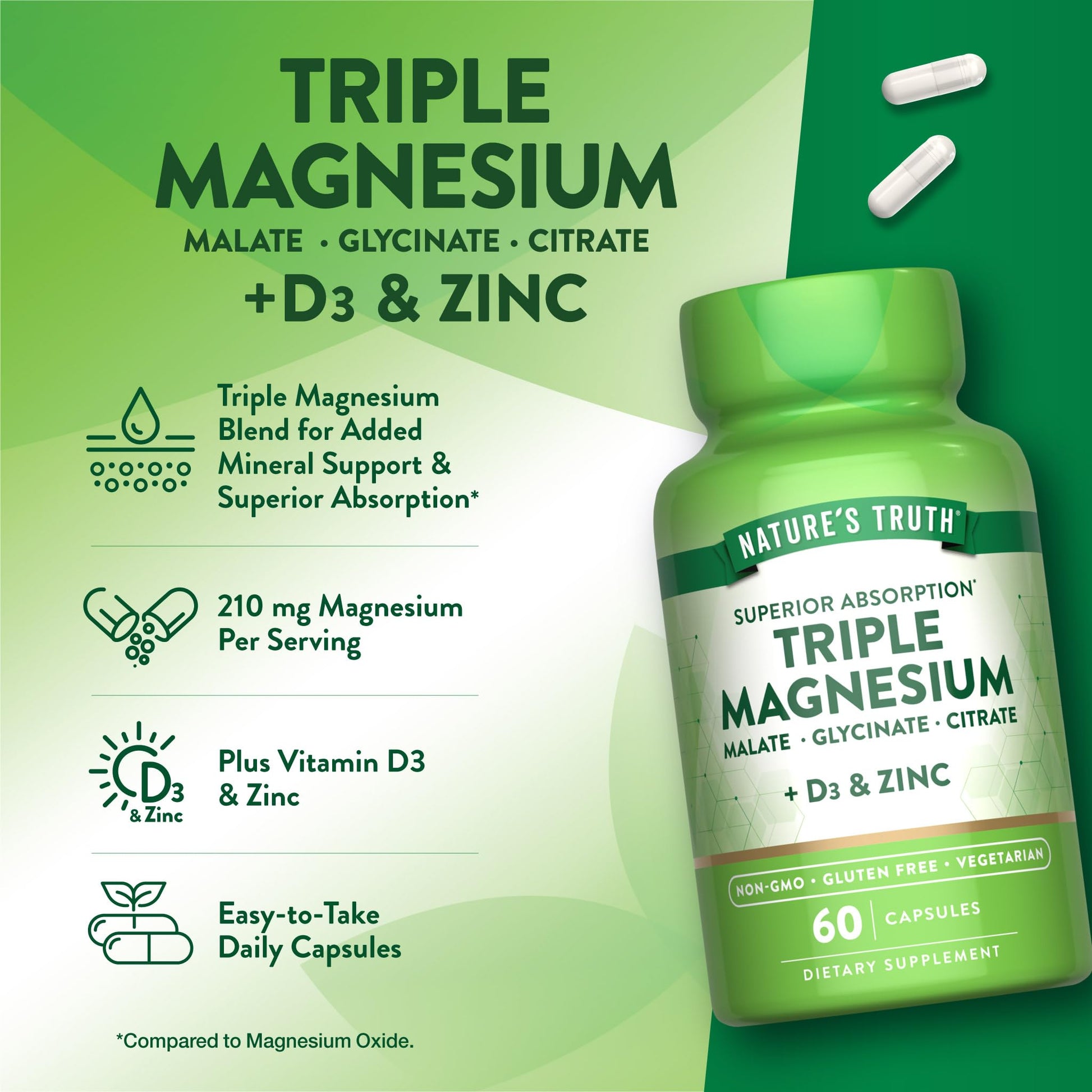 Nature's Truth Triple Magnesium Complex Supplement | 60 Capsules | Glycinate, Citrate & Malate | with D3 & Zinc | Vegetarian, Non-GMO, & Gluten Free Nature's Truth uk supplements