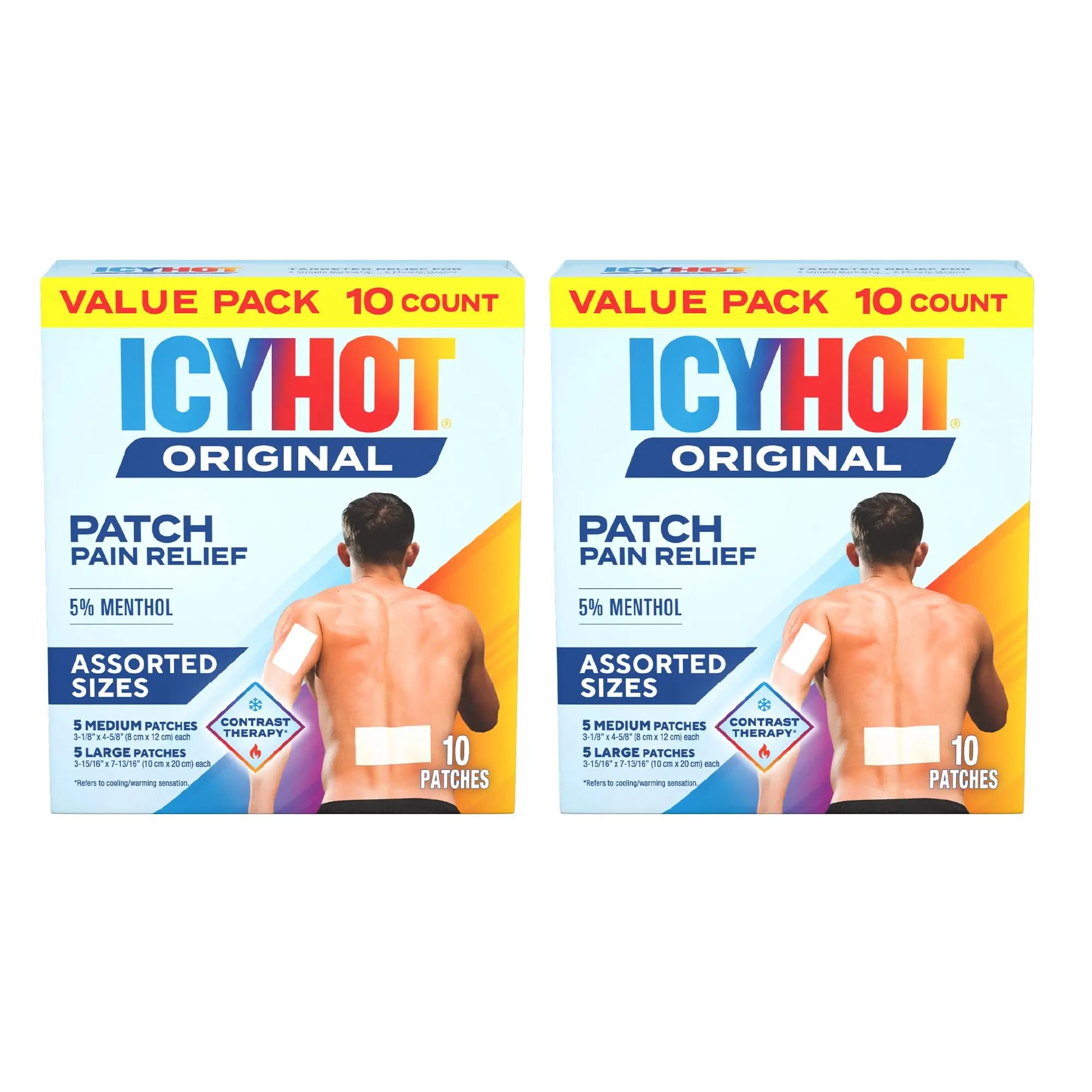 Icy Hot Original Pain Relief Patch Variety Pack with 5% Cooling Menthol for Fast-Acting Muscle and Joint Pain Relief, 5 Medium and 5 Large Comfortable Fabric Patches, 10 Ct., 2 pk Icy Hot uk supplements