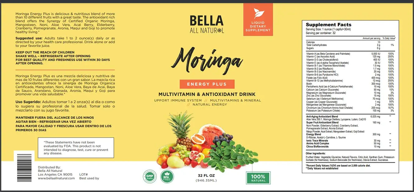 Bella All Natural Moringa Juice Energy Plus - Multivitamin and Antioxidant Drink - 32oz Bella All Natural uk supplements