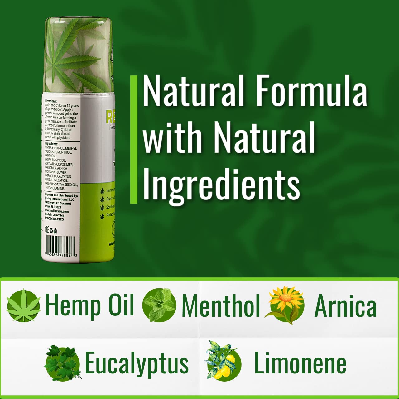 Moline You Natural Powerful Hemp Roll On, for Joint & Muscle Discomfort, Back, Neck, Knee, Shoulders HIPS. Formula with Hemp Oil Extract, Arnica, Menthol (Roll On 3 oz) Moline You uk supplements