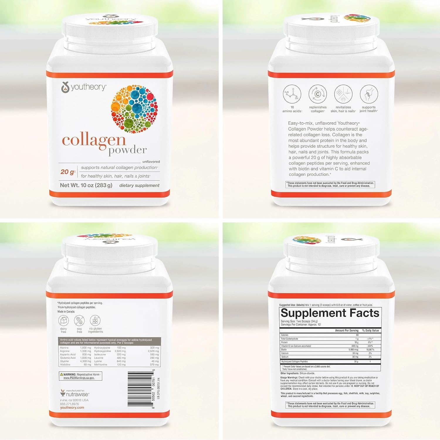 Youtheory Collagen Powder - Hydrolyzed Collagen Peptides with Vitamin C - Supports Healthy Bones, Joints & Immune System* - Unflavored - 10 oz (10-Day Supply) Youtheory uk supplements