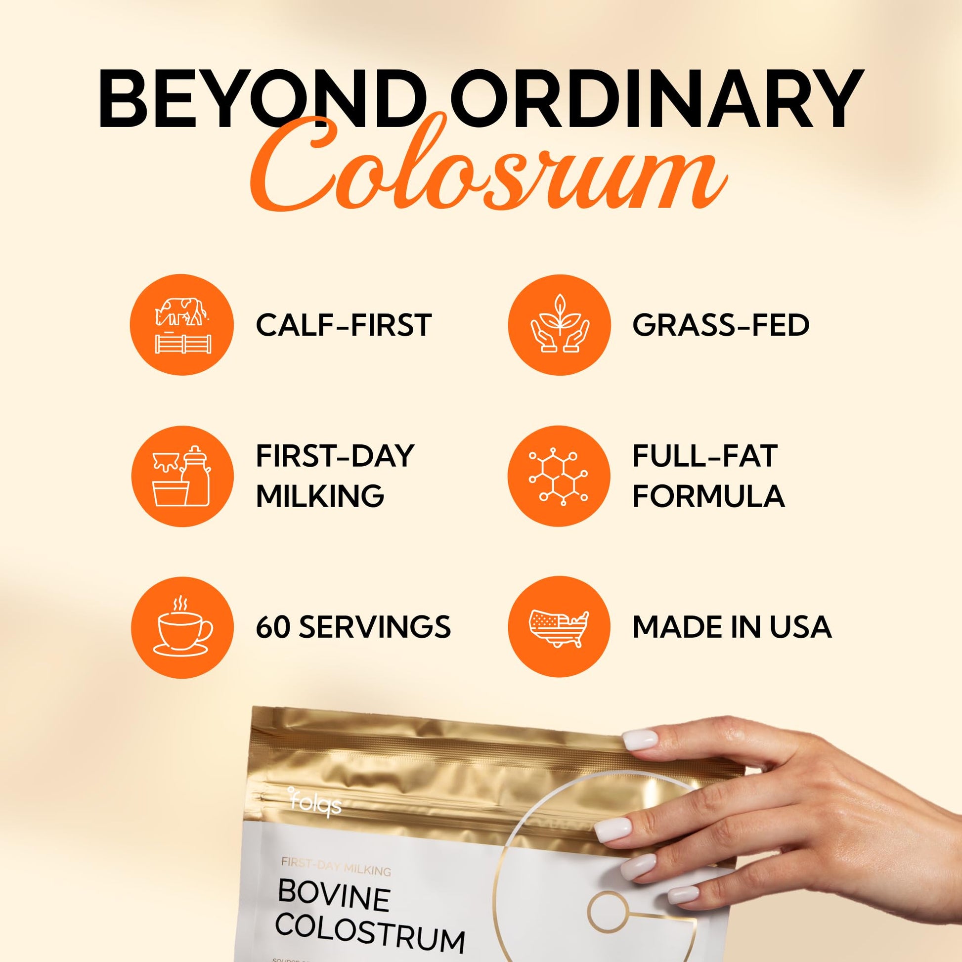 Folqs Bovine Colostrum Powder – First-Day Milking for Immune & Gut Support – 60 Servings – Supports Skin & Tissue Health – Made in USA - Amino Acids, Vitamins, Minerals – Kosher - Sustainably Sourced Folqs uk supplements