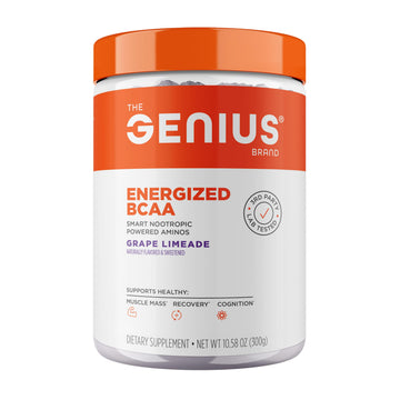 Genius BCAA Powder - 5g Vegan BCAAs L-Glutamine, Cognizin & Rhodiola Muscle Recovery Energy Support 100mg Caffeine Pre, Intra, Post-Workout Nootropic Supplement for Focus & Performance - Grape Limeade The Genius Brand uk supplements