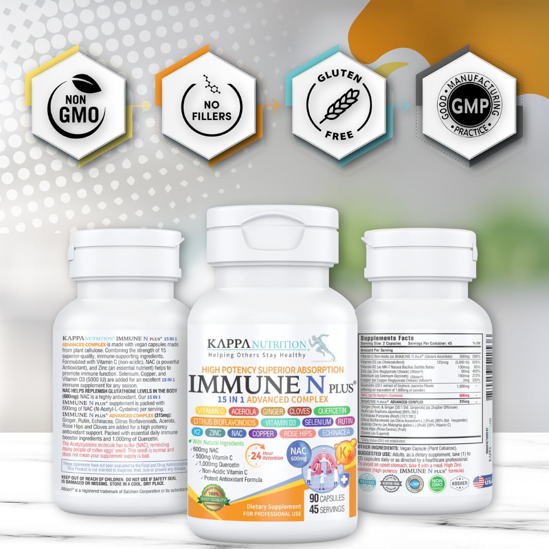 (90 Capsules), NAC 600mg, Quercetin 1,000mg, Vitamin C 500mg, Zinc 50mg, Vitamin D3 5,000iu, Selenium, Copper, Acerola, Ginger, Rutin, Citrus Bioflavonoids, Rose Hips, Echinacea, Immune N Plus 15 in 1 KAPPA NUTRITION uk supplements