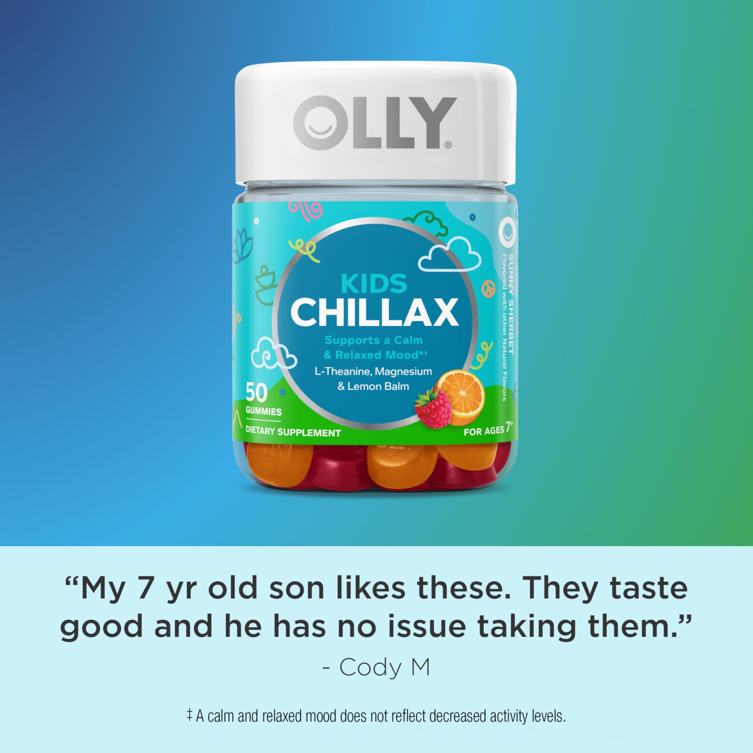 OLLY Kids Chillax Gummy, For a Calm and Relaxed Mood*, Magnesium, L-Theanine, Lemon Balm Extract, Chewable Supplement, Sherbet Flavored, 25 Day Supply - 50 Count OLLY uk supplements