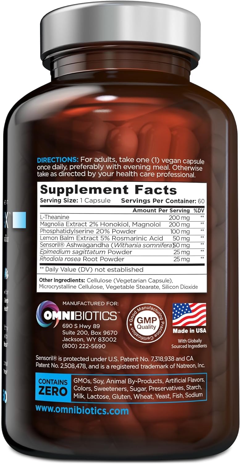 OmniBiotics Cortisol Supplement for Women and Men - High Cortisol Manager with Ashwagandha, L-Theanine, Magnolia Extract, Phosphatidylserine to Support Relaxation, Calm, Detox - 60 Vegan Capsules OmniBiotics uk supplements