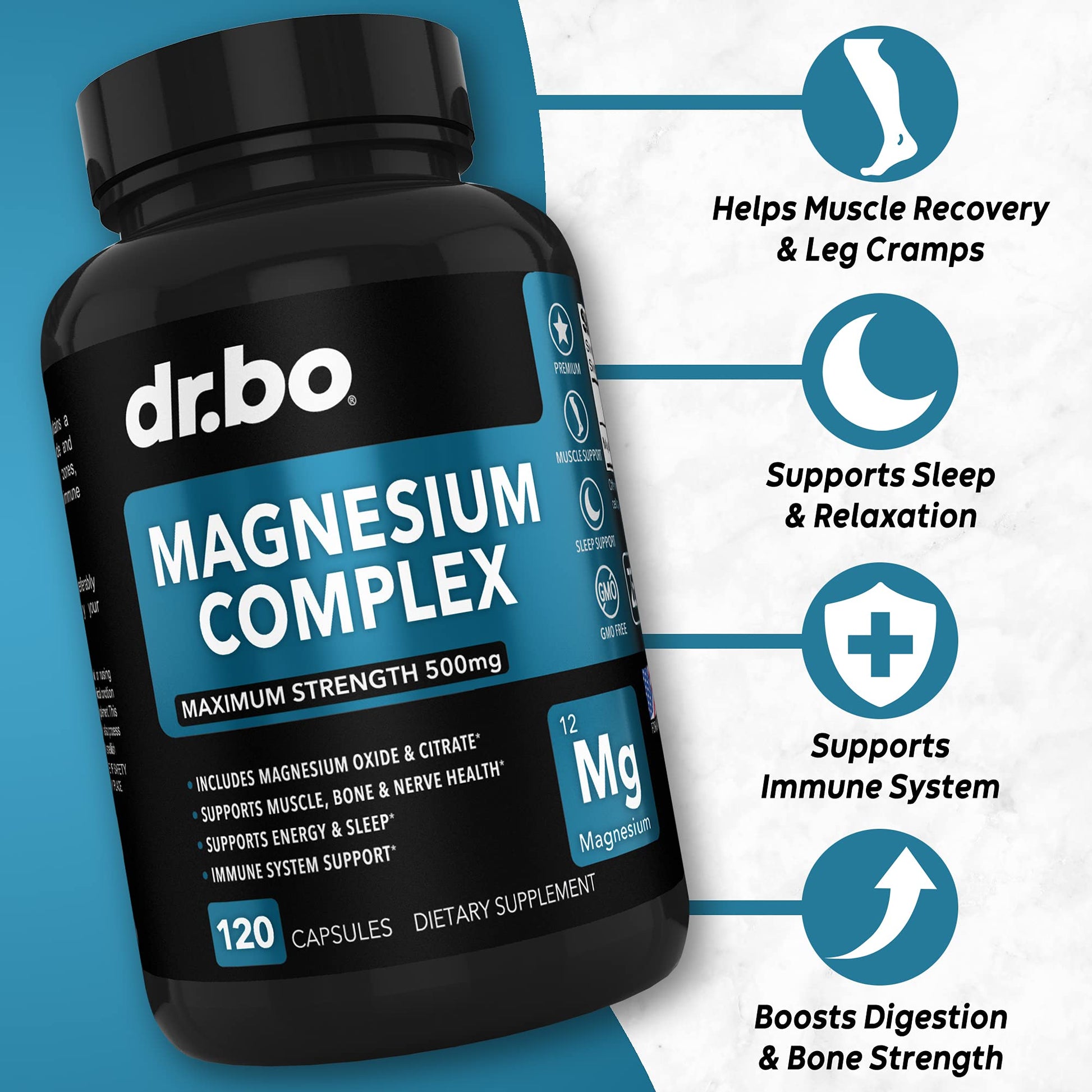 Magnesium Complex Supplement Capsules 500mg - Support Energy, Relaxation, Leg Cramps & Legs - Help Aid Muscle Support Supplements - High Absorption Premium Mag Citrate Oxide - 120 Capsules DR. BO uk supplements