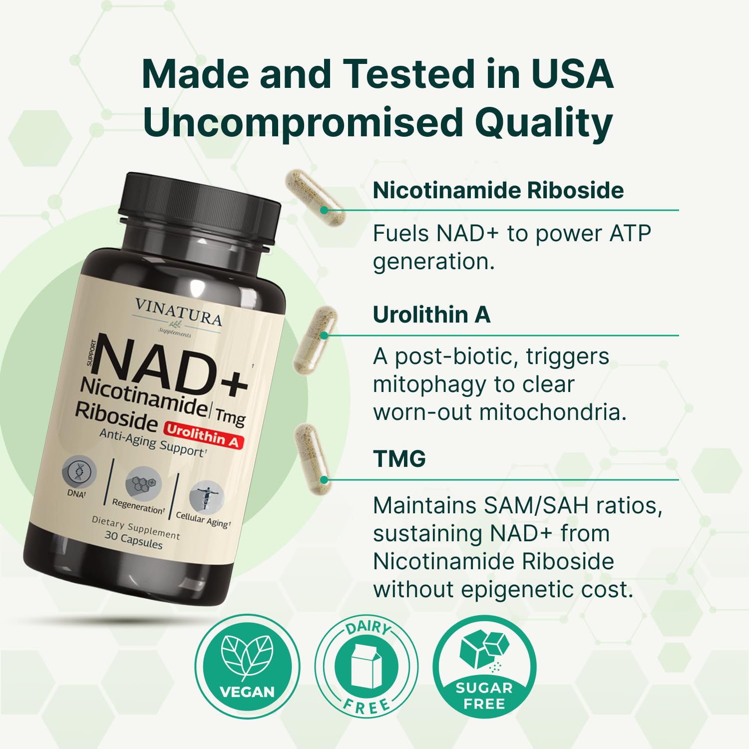 VINATURA NAD Supplement, Nicotinamide Riboside with Resveratrol - Advanced NAD+ Supplement with TMG and Urolithin A, for Women and Men - 30 Vegan Capsules VINATURA uk supplements