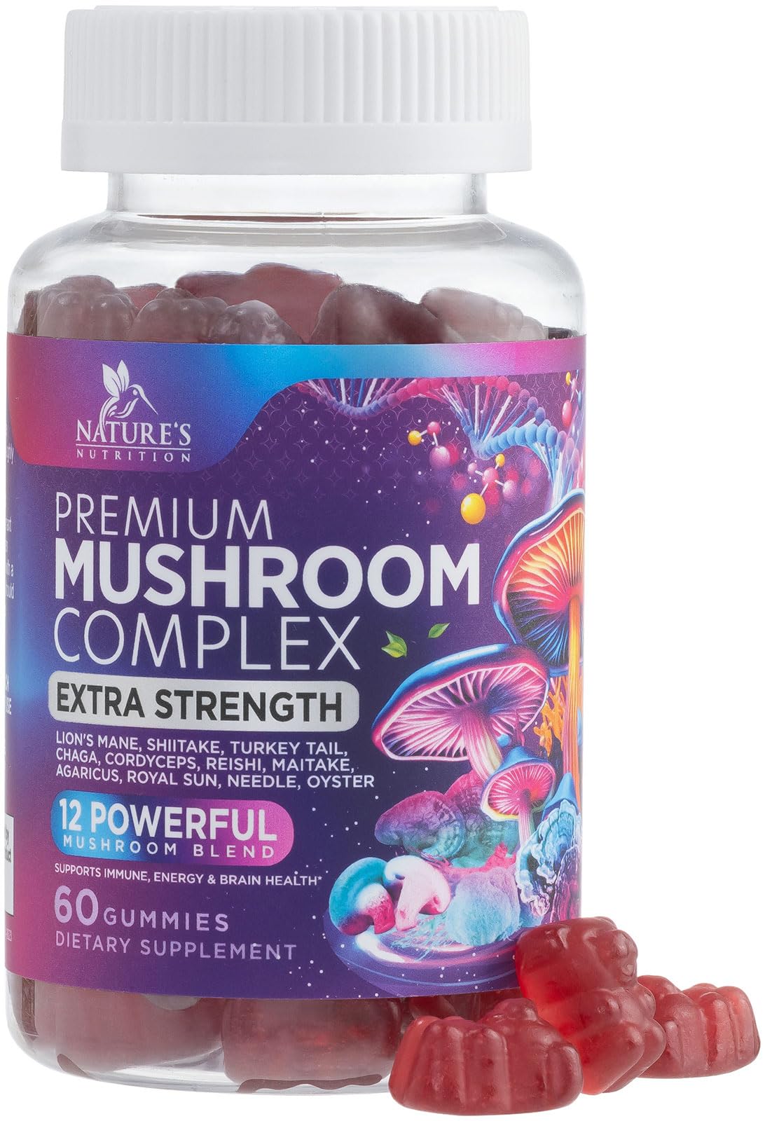 Mushroom Gummies Supplement 12 in 1 - High Grade Blend for Adults with Lions Mane, Reishi, Cordyceps, & Chaga Mushroom Complex Gummy, Memory & Immune Support & Nootropic Brain Supplements - 60 Gummies Nature's Nutrition uk supplements