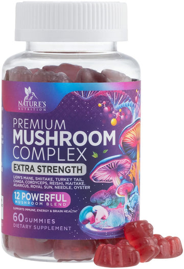 Mushroom Gummies Supplement 12 in 1 - High Grade Blend for Adults with Lions Mane, Reishi, Cordyceps, & Chaga Mushroom Complex Gummy, Memory & Immune Support & Nootropic Brain Supplements - 60 Gummies Nature's Nutrition uk supplements