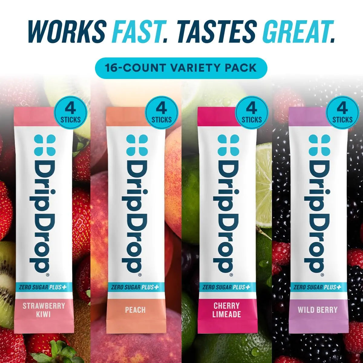 DripDrop Zero Sugar Plus - Sugar Free Hydration Packets - Single Serve Electrolytes Powder Drink Mix - Strawberry Kiwi, Peach, Cherry Limeade, Wild Berry DripDrop uk supplements