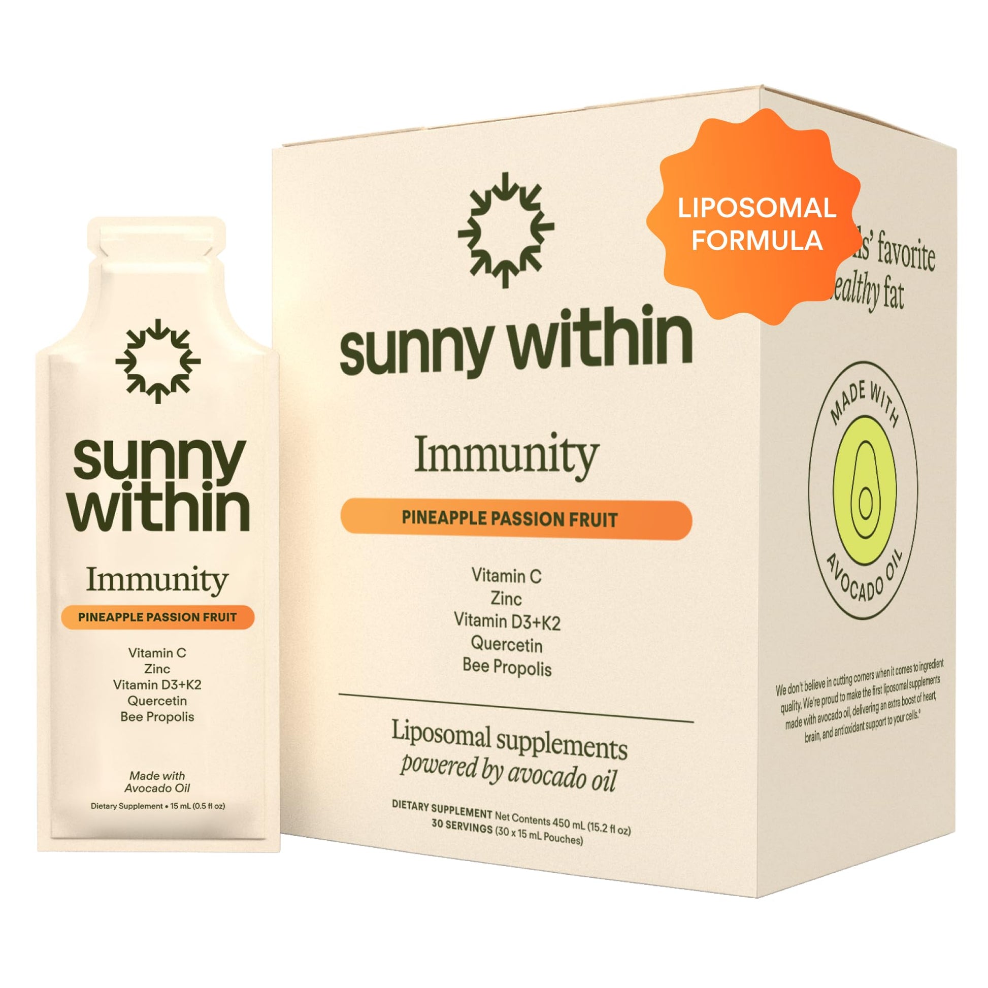 Sunny Within Immunity - 6-in-1 Liposomal Vitamin C Packets, Zinc, D3 + K2, Quercetin, Bee Propolis & Avocado Oil - Antioxidant Liquid Supplement for Immunity, Skin & Bone* - 30 Pouches Sunny Within uk supplements