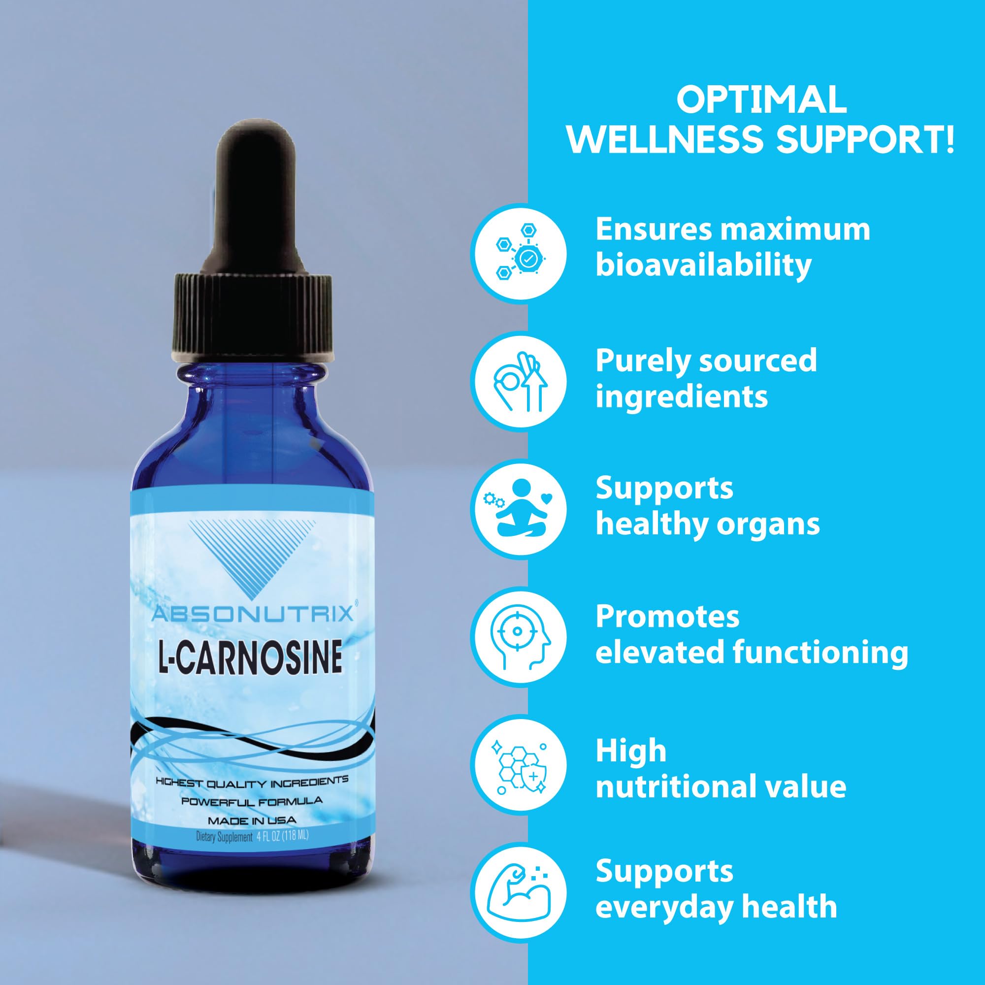 Absonutrix L-Carnosine - 583 mg 4 Oz Bottle, 200 Highly Potent Servings, Easy-to-Consume Drops, High Bioavailability, Third-Party Tested, GMP-Certified, Non-GMO, Cruelty-Free Products, Made in USA Absonutrix uk supplements