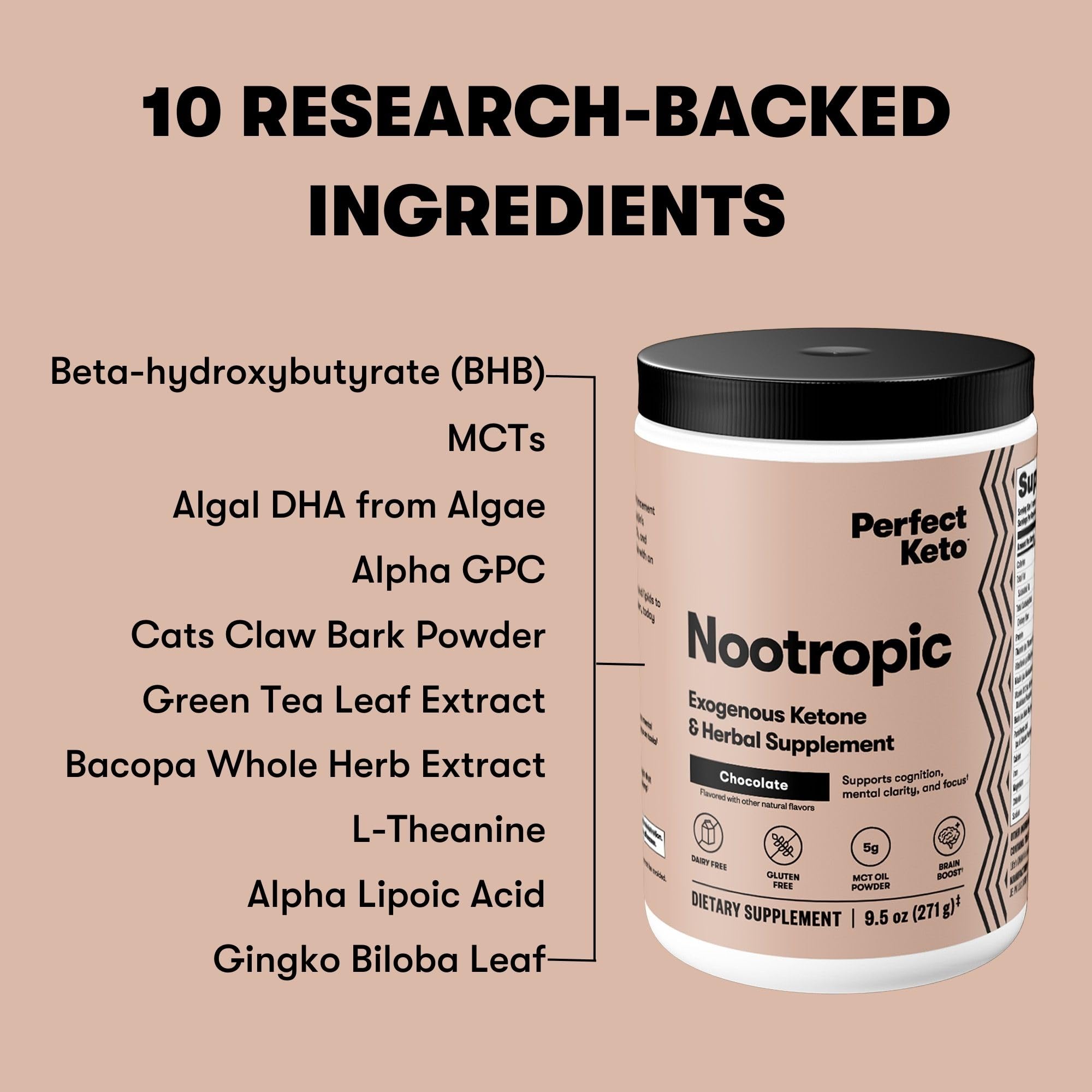 Perfect Keto Nootropic Brain Support, Caffeine Free Focus and Energy Supplement with Alpha Lipoic Acid, L Theanine, Ginkgo Biloba, Alpha GPC, MCT's, Collagen, Ketones, Chocolate Drink Mix, 15 Servings Perfect Keto uk supplements