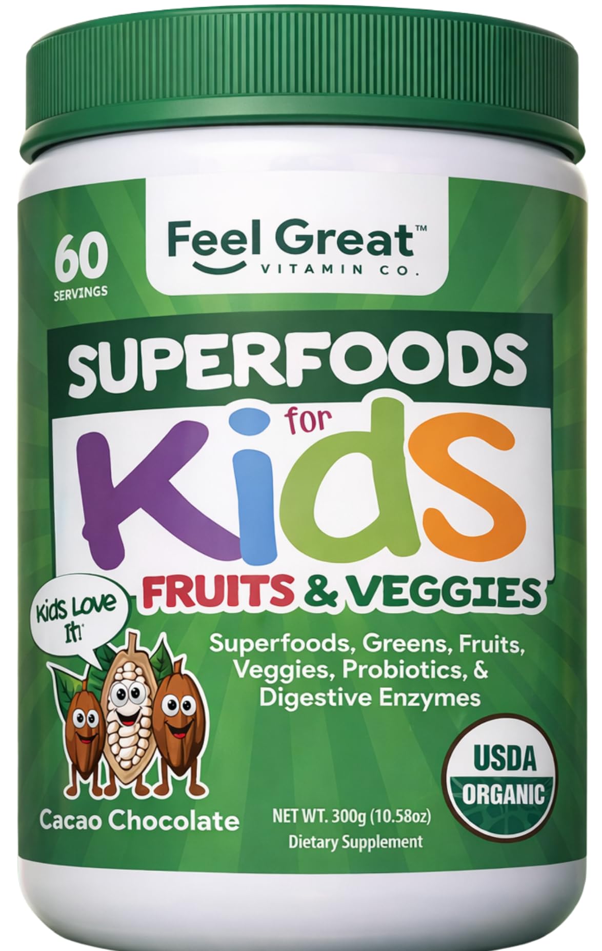 Feel Great USDA Organic Super Greens Powder for Kids - Cocao Chocolate | Fruit & Veggie Supplement | Superfood Powder with Probiotics & Digestive Enzymes for Digestive Health | 60 Days Supply The Feel Great Vitamin Company uk supplements