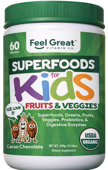 Feel Great USDA Organic Super Greens Powder for Kids - Cocao Chocolate | Fruit & Veggie Supplement | Superfood Powder with Probiotics & Digestive Enzymes for Digestive Health | 60 Days Supply The Feel Great Vitamin Company uk supplements