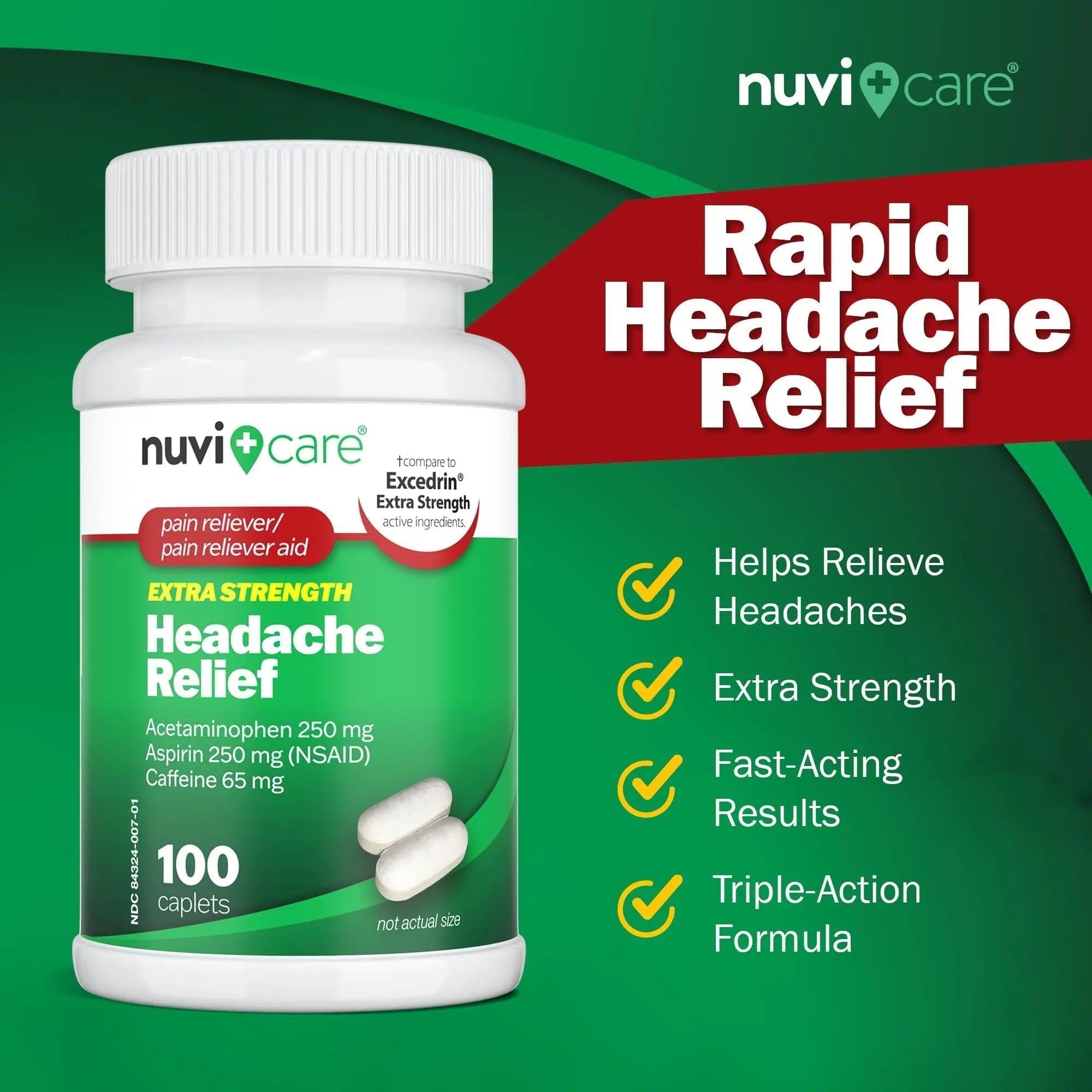 NUVICARE Headache Relief with Acetaminophen 250 mg, Aspirin (NSAID) 250 mg, Caffeine 65 mg - Temporary Relief of Minor Aches & Pains - Compare to Excedrin Extra Strength Pain Reliever (2 Pack) NUVICARE uk supplements