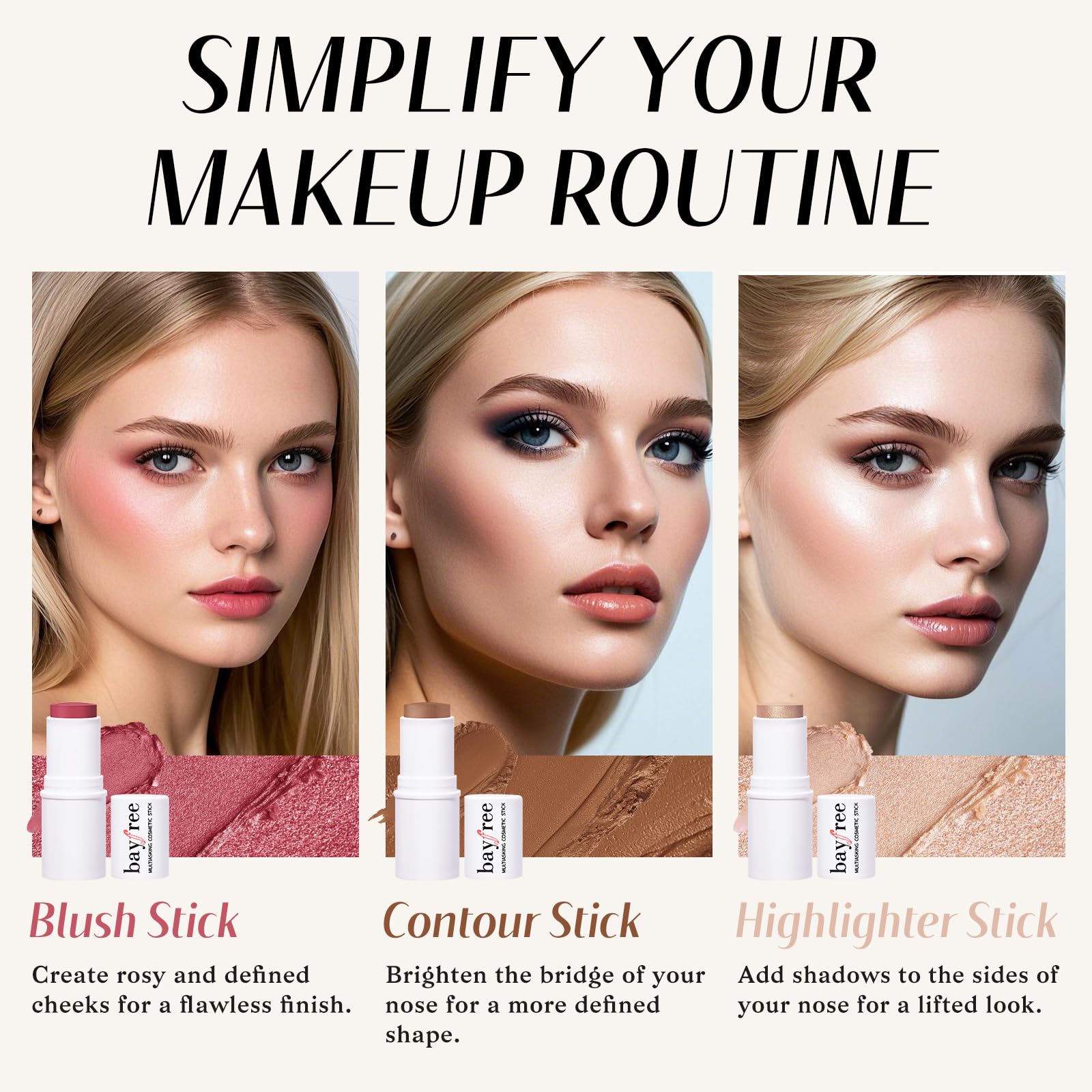 KIMUSE Face Sticks Trio, Cream Blush Stick & Highlighter Stick & Contour Stick for Sculpt the Cheeks, Long Lasting Cream Contour Stick Trio for Face Makeup, with Brush KIMUSE uk supplements