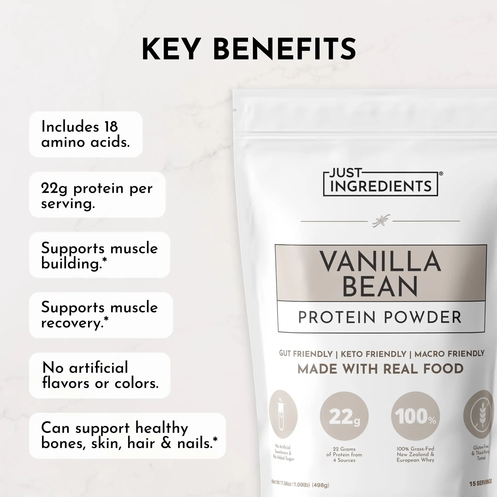 JUST INGREDIENTS Vanilla Protein Powder - Grass-Fed Whey Blend, Organic, Gluten Free, Dairy Free, Soy Free - 15 Servings, 22g Protein JUST INGREDIENTS uk supplements