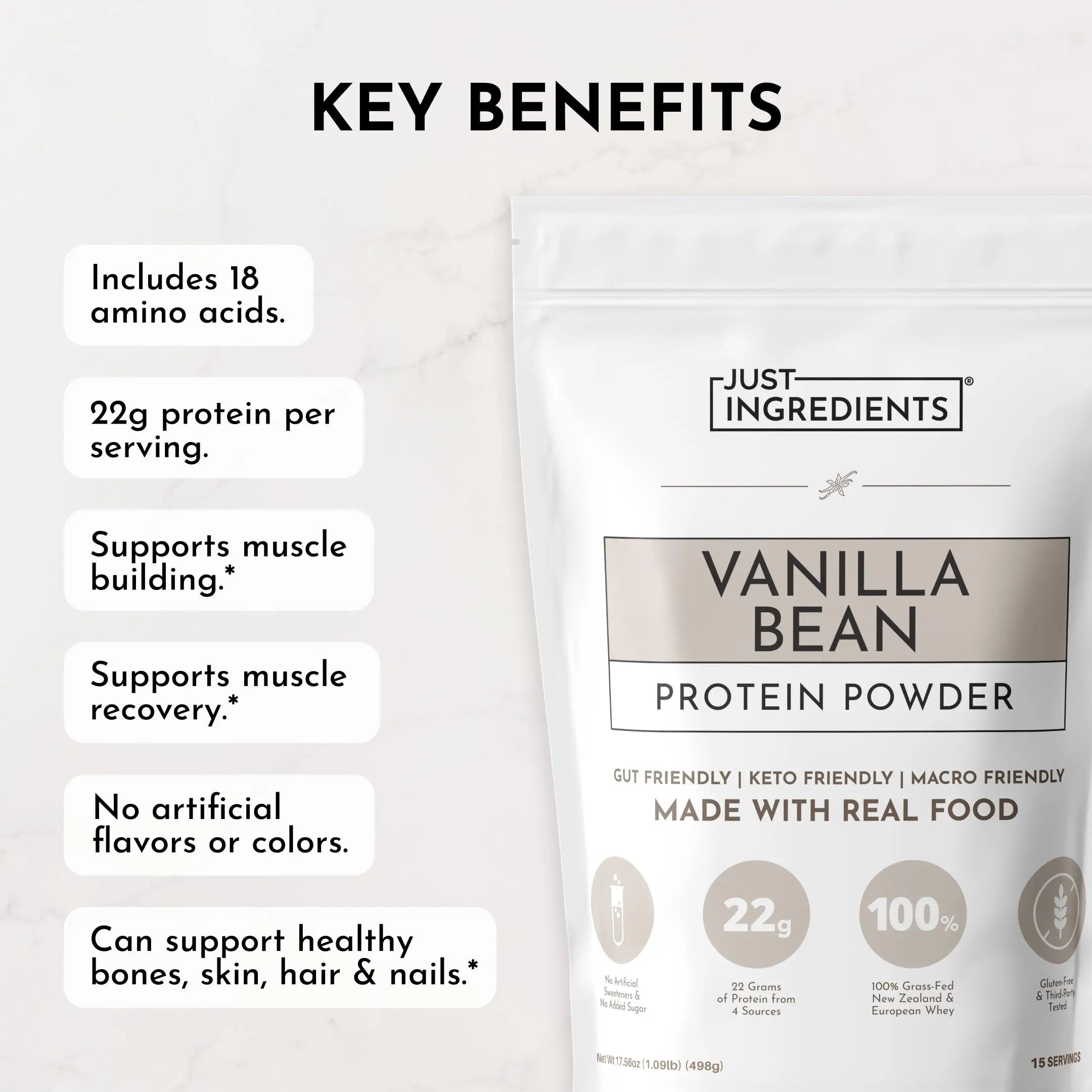 JUST INGREDIENTS Vanilla Protein Powder - Grass-Fed Whey Blend, Organic, Gluten Free, Dairy Free, Soy Free - 15 Servings, 22g Protein JUST INGREDIENTS uk supplements