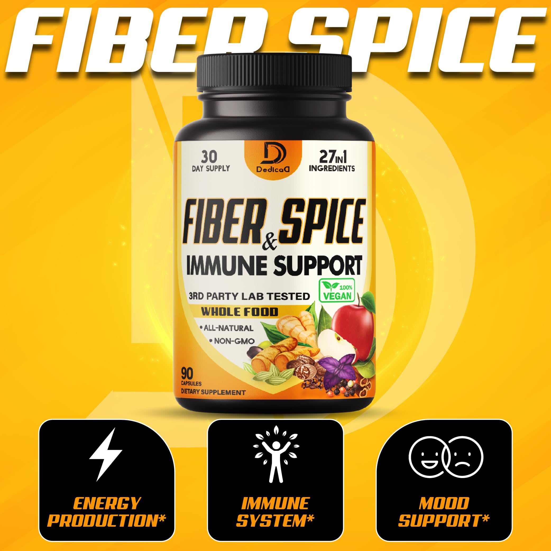 DEDICAD 27in1 Fiber and Spice Supplement - Combined with Organic Psyllium, Whole Apple, Elderberry & More - Support Mood, Body & Immunity - 90 Capsules for 1 Month DEDICAD uk supplements