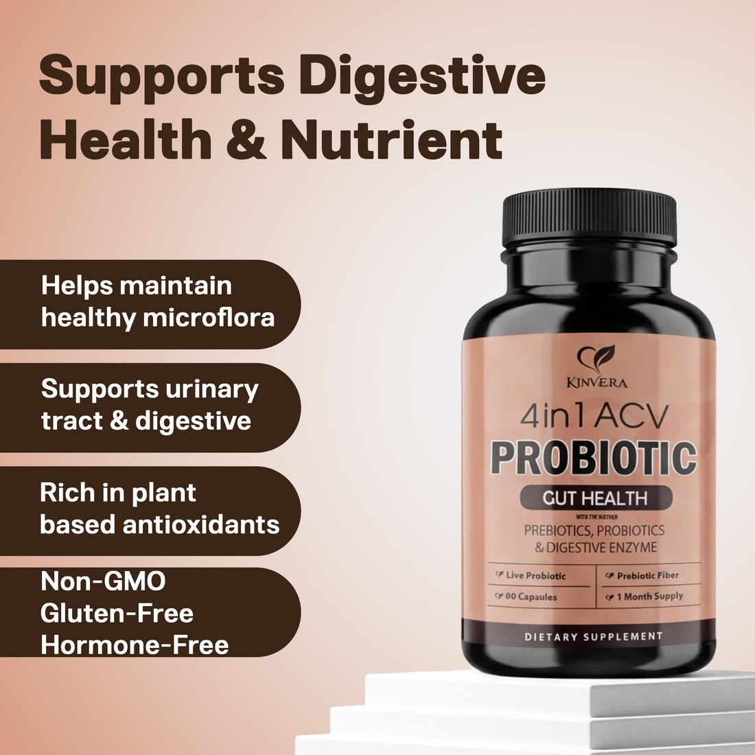 4-in-1 ACV Gut Formula – Apple Cider Vinegar, Prebiotics & Probiotics, Digestive Enzymes – Immune & Complete Digestion – 60 Veggie Capsules KINVERA uk supplements