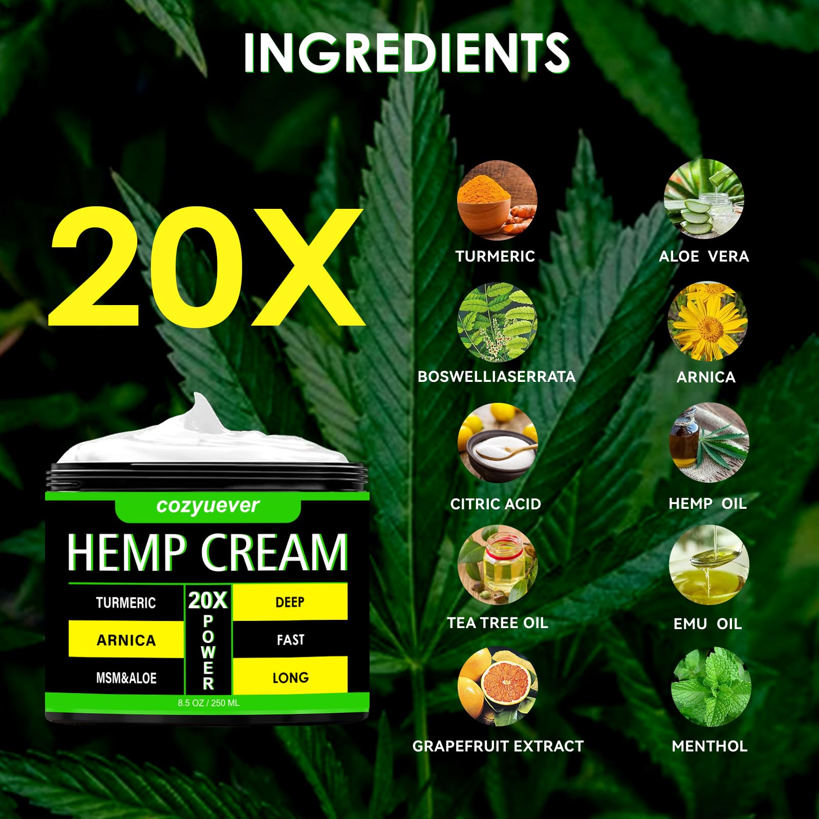 cozyuever 8.5 Oz Hemp Cream with Arnica, Menthol, Aloe, Emu Oil, Turmeric cozyuever uk supplements