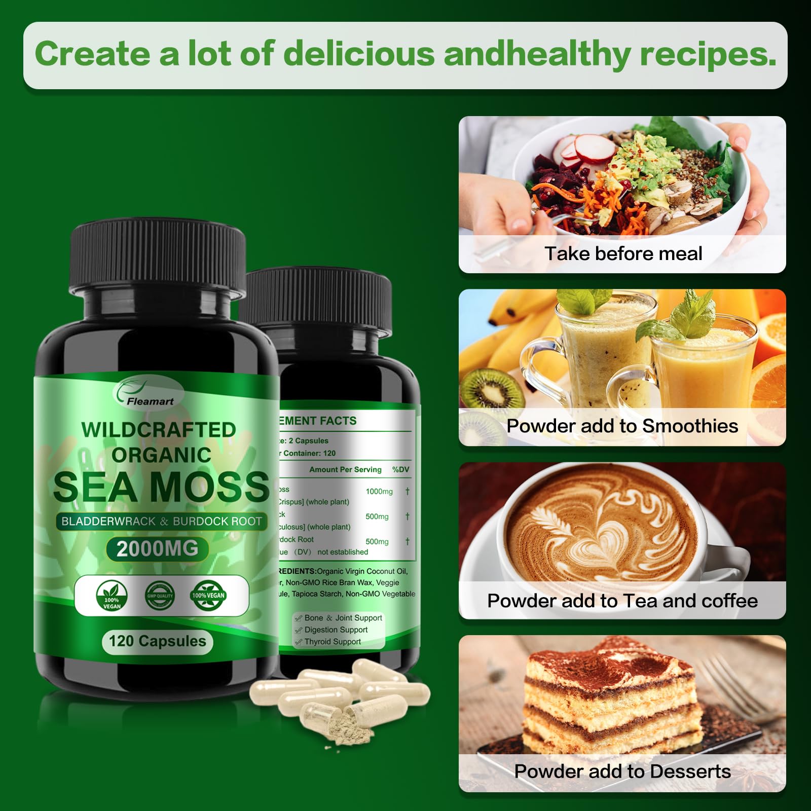 Fleamart Irish Sea Moss Capsules 120ct Raw Organic Sea Moss Wildcrafted Bladderwrack Fleamart uk supplements