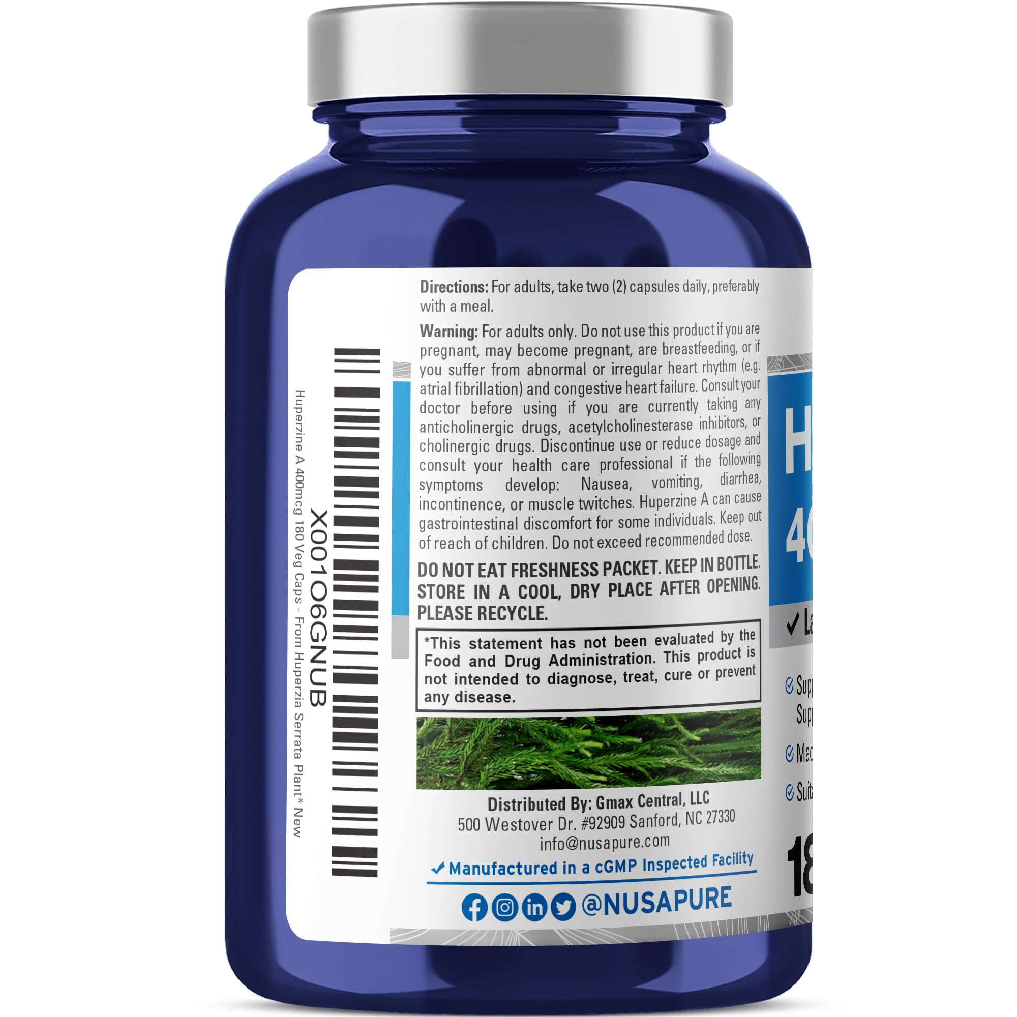 NusaPure Huperzine A 400mcg 180 Veggie Capsules (Vegetarian, Non-GMO, Vegan) NusaPure uk supplements