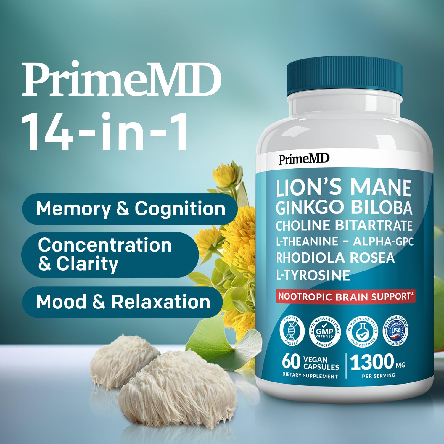14-in-1 Lions Mane Supplement Capsules - Nootropic Brain Supplement with Ginkgo Biloba for Brain Support, Memory and Focus - Alpha GPC, L Theanine & Choline Supplements with 1300mg Per Serving (60 ct) PrimeMD uk supplements