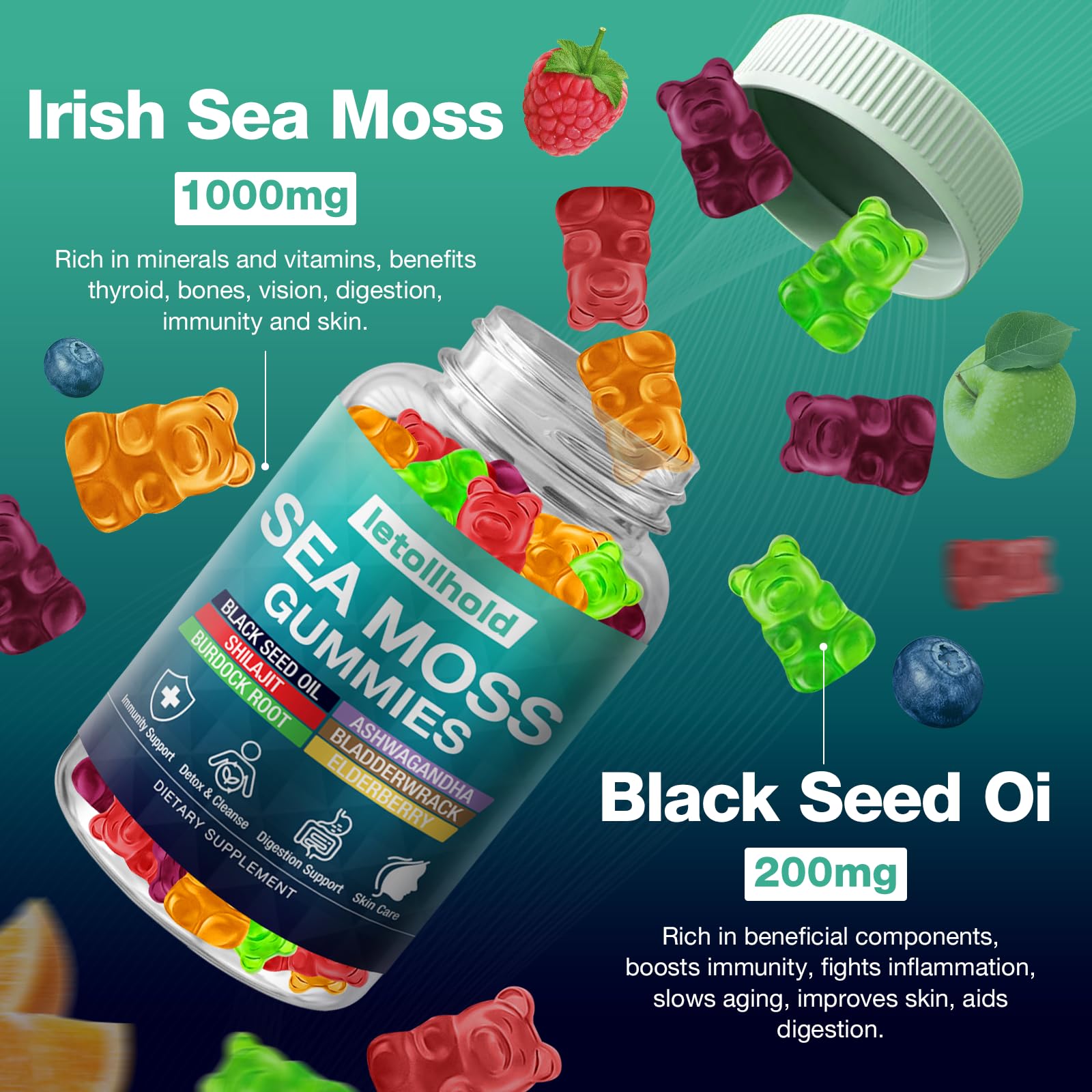Sea Moss Gummies - Irish Sea Moss Gummies Advanced for Adults with Ashwagandha Bladderwrack & Burdock Root for Supports Immune，Energy - 60 Vegan Gummy,2PCS letollhold uk supplements